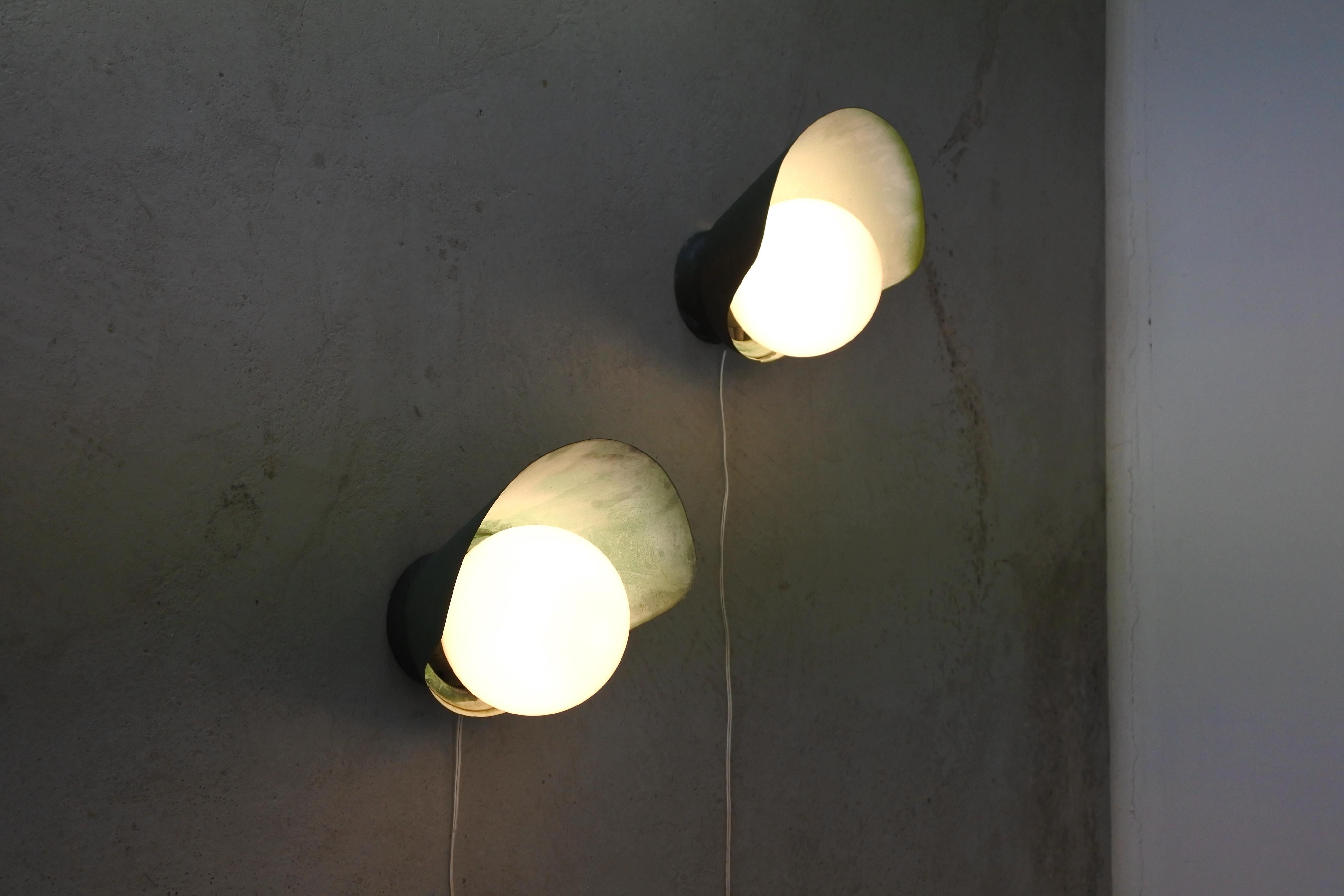 Paavo Tynell & Idman Set of Two Copper & Opaline Glass Wall Lamps, Finland 1950s For Sale 1