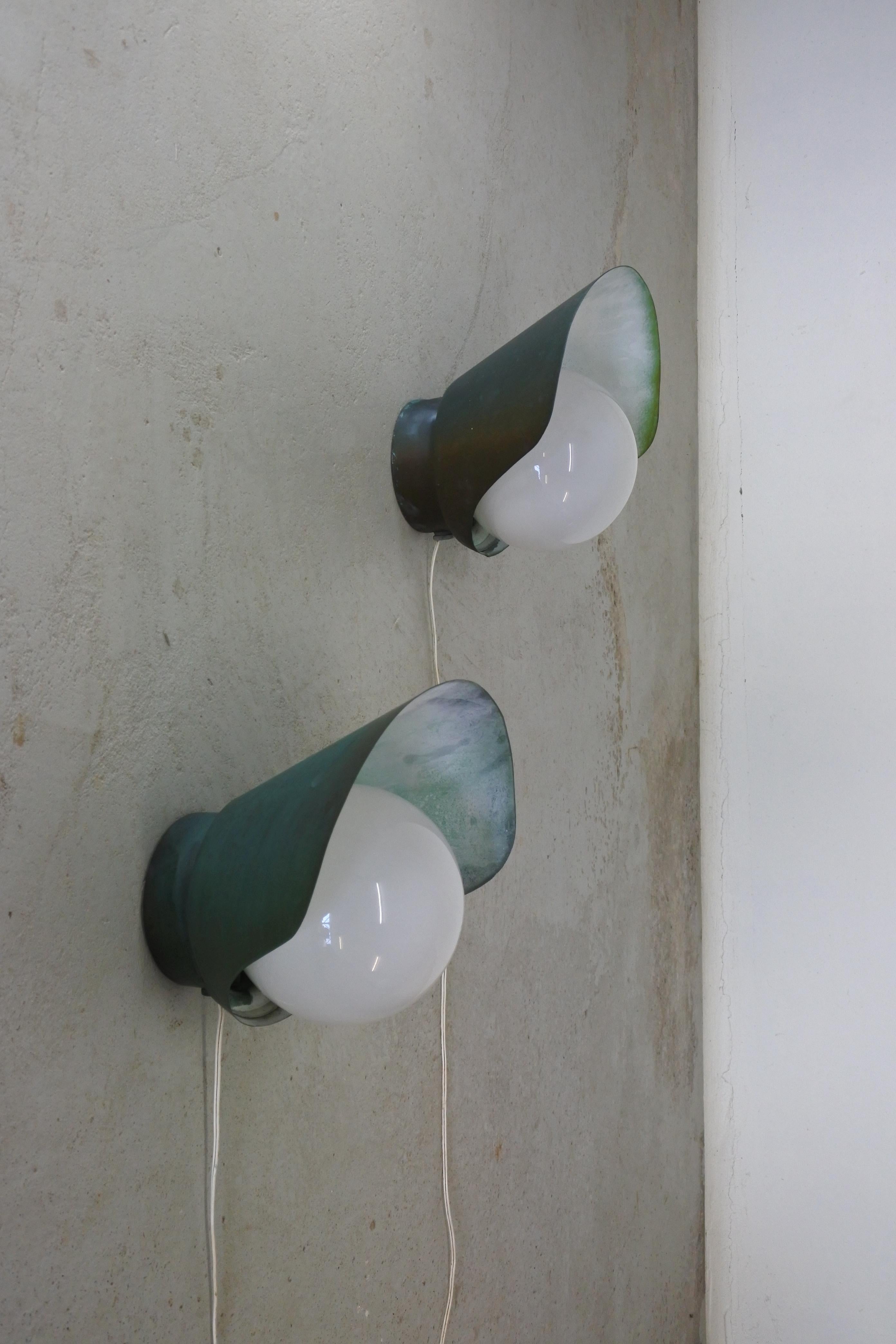 Paavo Tynell & Idman Set of Two Copper & Opaline Glass Wall Lamps, Finland 1950s For Sale 4