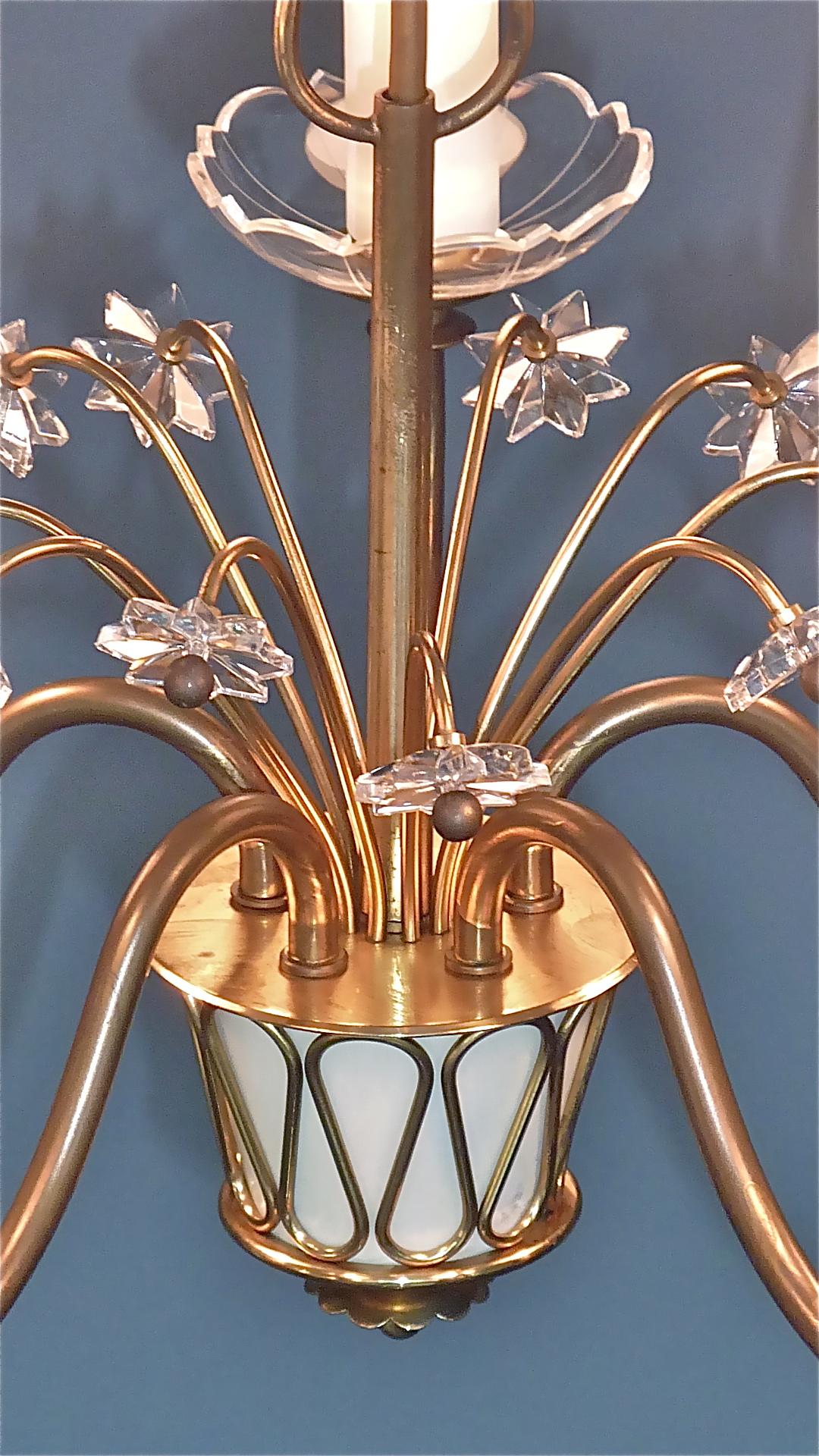 Rare Midcentury Crystal Glass Brass Flower Chandelier Josef Frank Style, 1950s For Sale 10