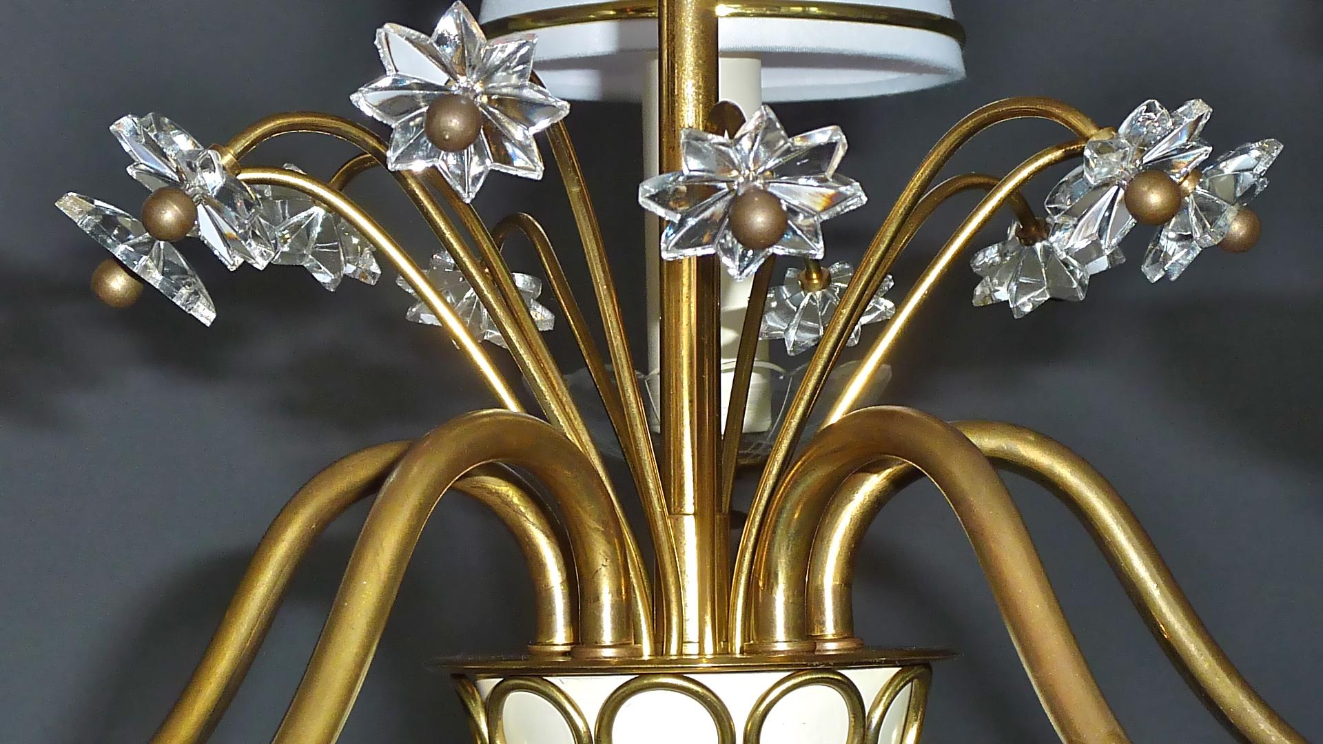 Mid-20th Century Rare Midcentury Crystal Glass Brass Flower Chandelier Josef Frank Style, 1950s For Sale