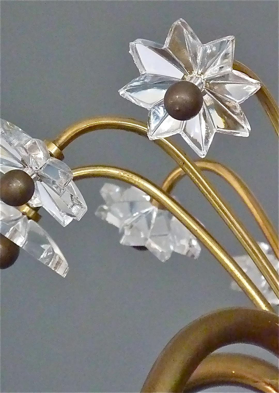 Rare Midcentury Crystal Glass Brass Flower Chandelier Josef Frank Style, 1950s For Sale 1