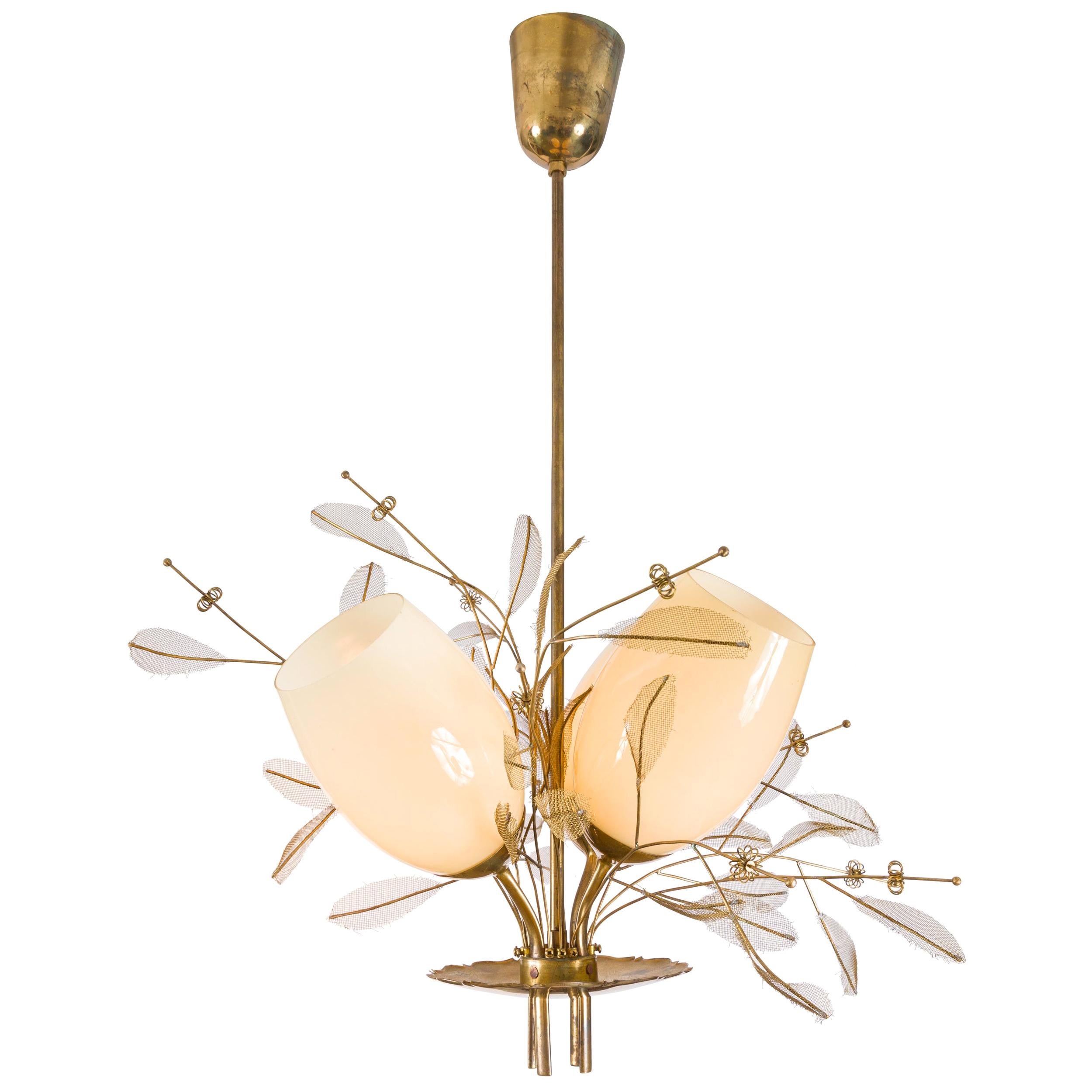 Paavo Tynell Model 9029/4 Brass & Glass Floral Chandelier for Taito Oy, Finland