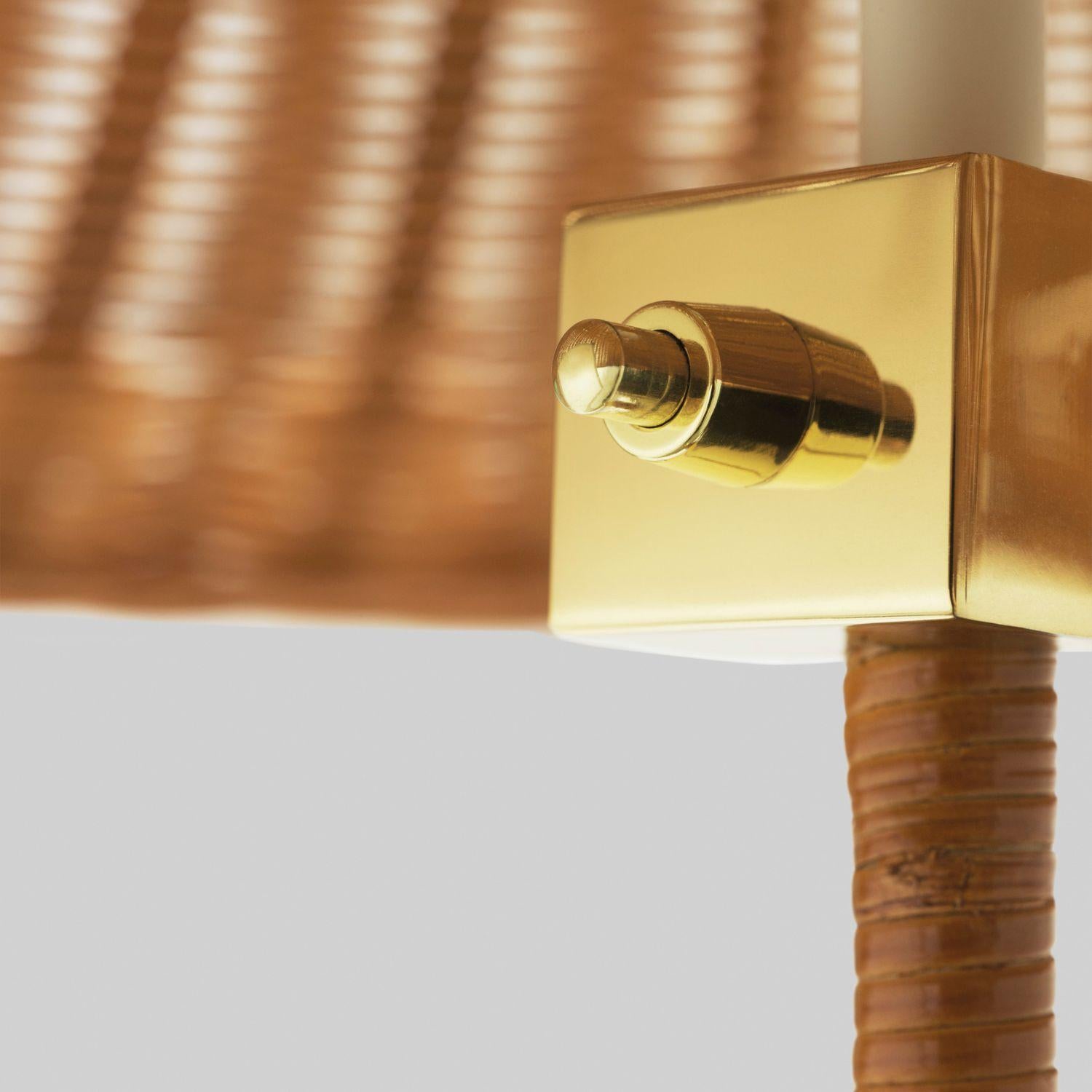 Paavo Tynell Model '9602' Brass and Rattan Floor Lamp with Wicker Shade for GUBI In New Condition For Sale In Glendale, CA