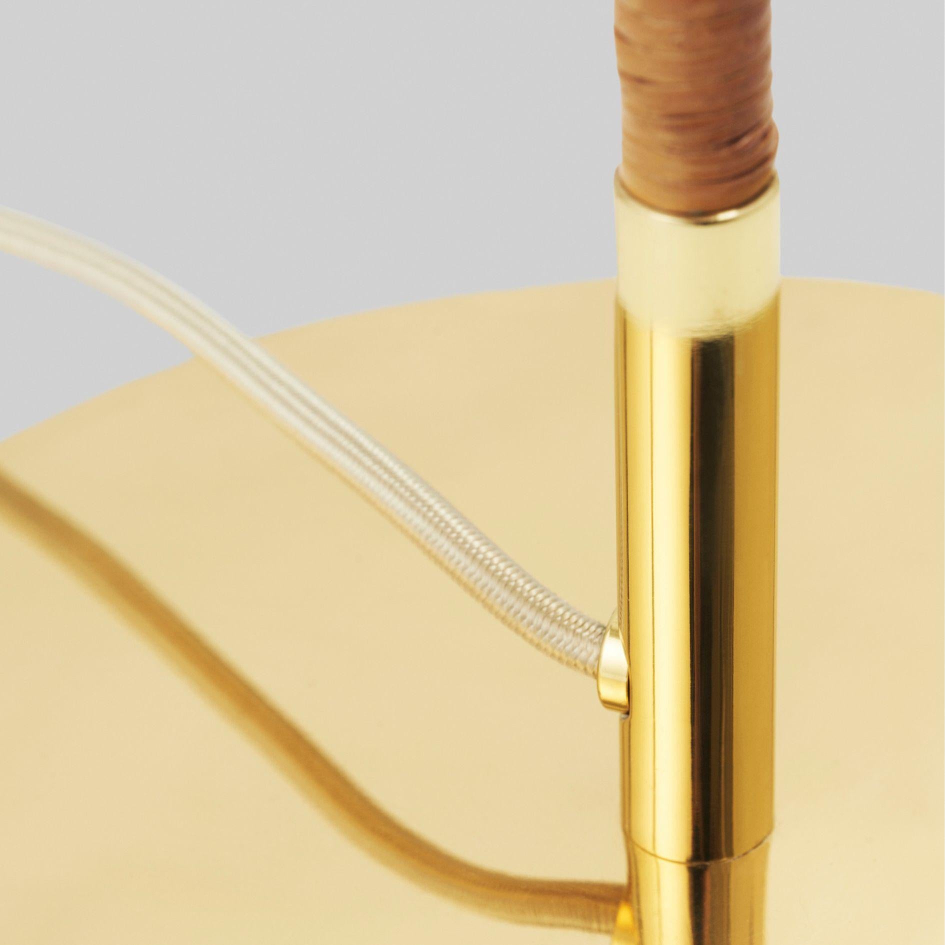 Contemporary Paavo Tynell Model '9602' Brass and Rattan Floor Lamp with Wicker Shade for GUBI For Sale