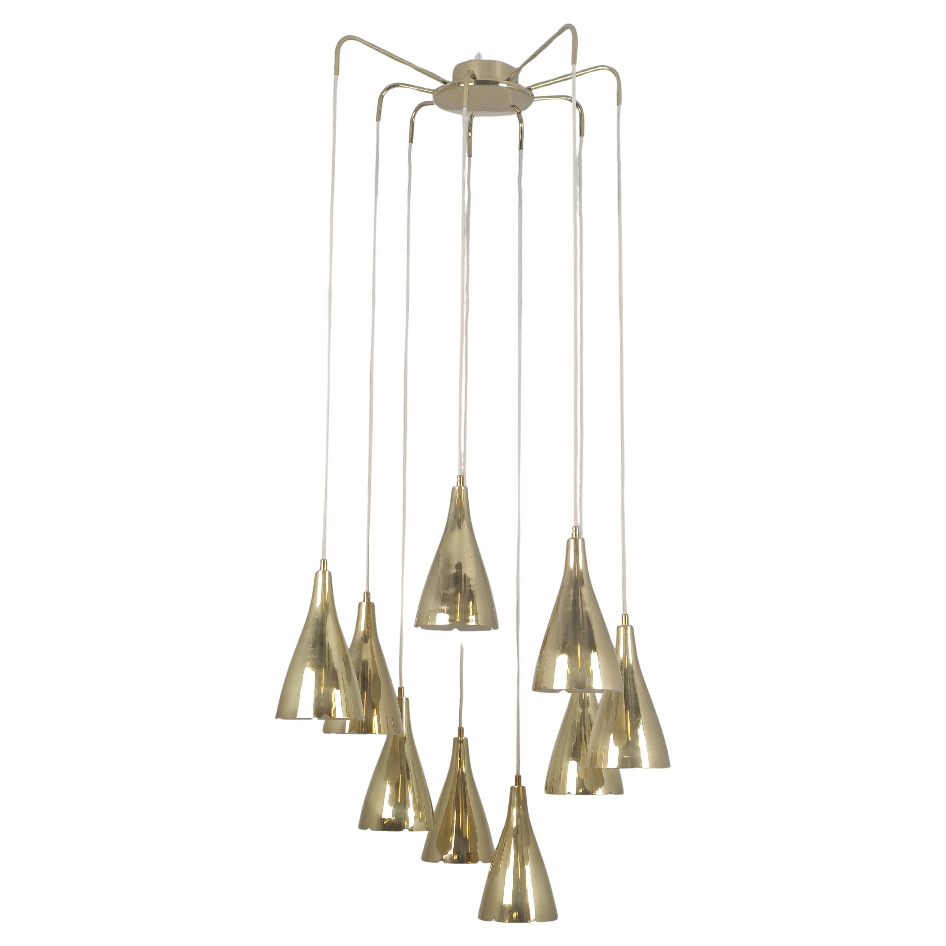 Paavo Tynell Nine Arm Perforated Brass Chandelier Model 1994/9, Taito 1950s