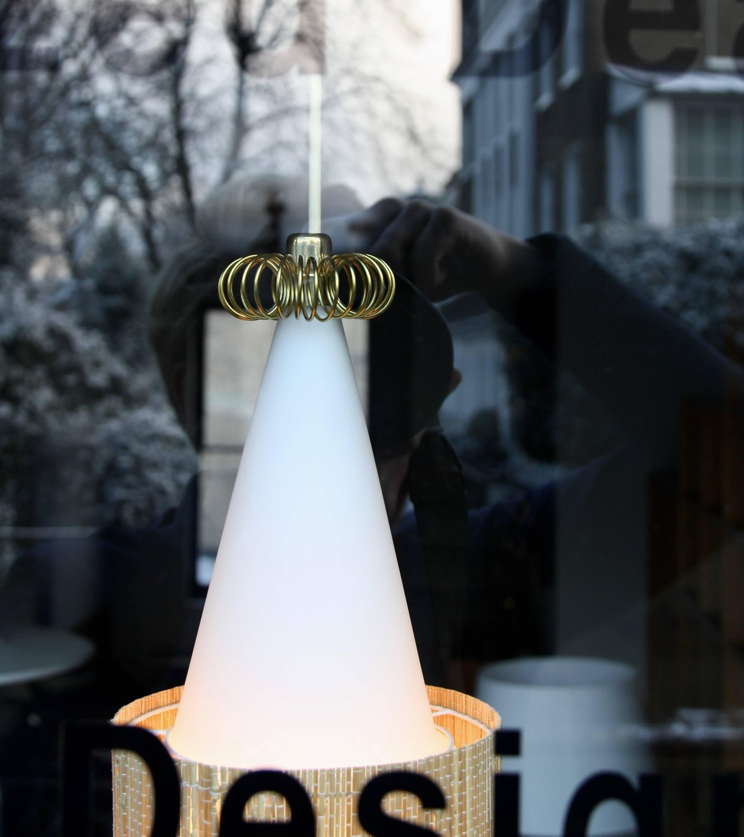 Paavo Tynell Opaline Glass, Straw & Brass Pendant Ceiling Light, Taito Oy, 1950s 3