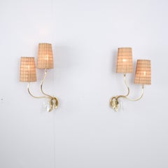 Paavo Tynell Organic Wall Lamps Model 9424 in Brass and Rattan, Taito 1940s