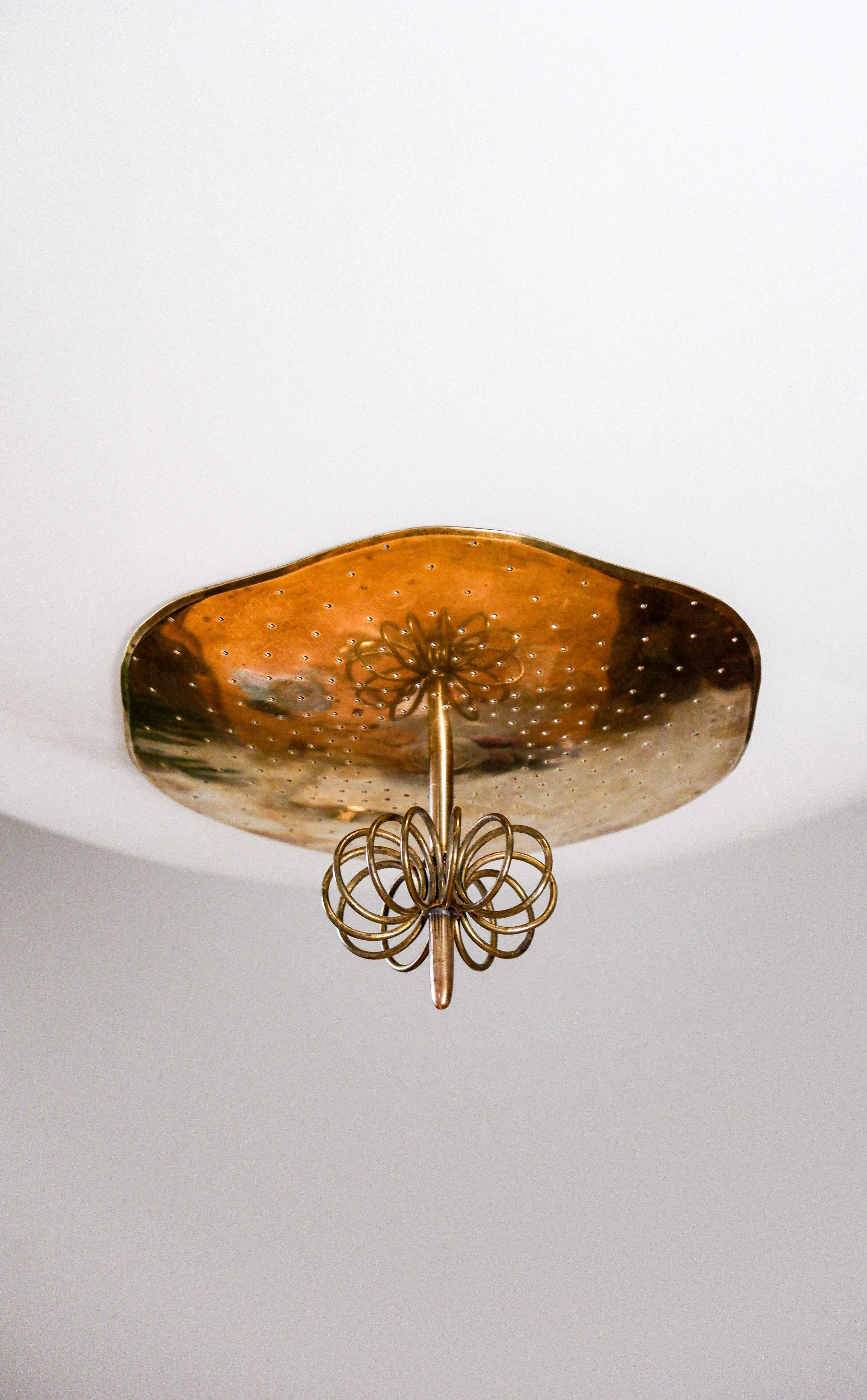 Finnish Paavo Tynell, oversized chandelier circa 1940, Opal & brass. For Sale