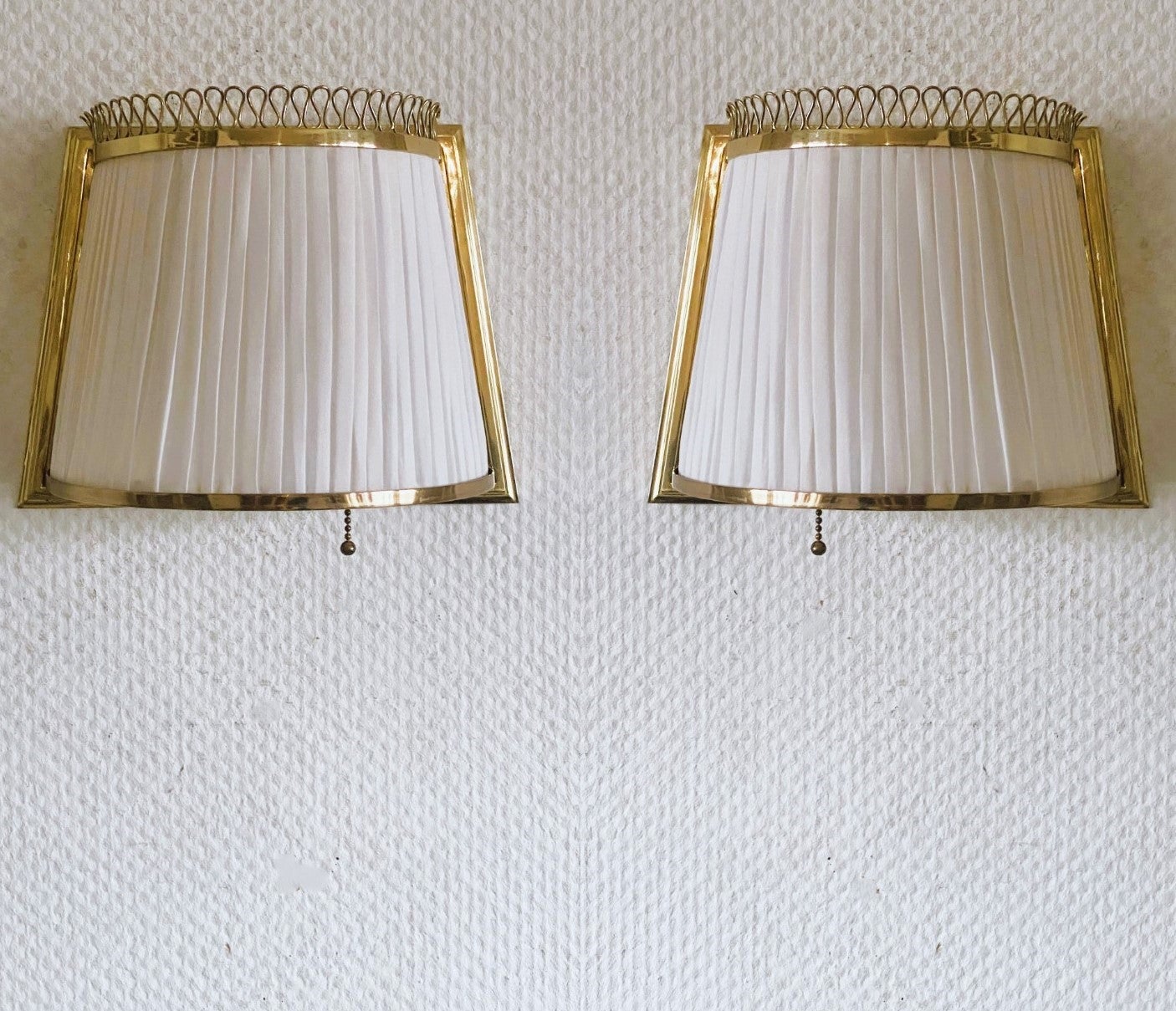 Paavo Tynell Pair Brass Wall Lights Sconces Silk Pleated Shades, Finland, 1950s