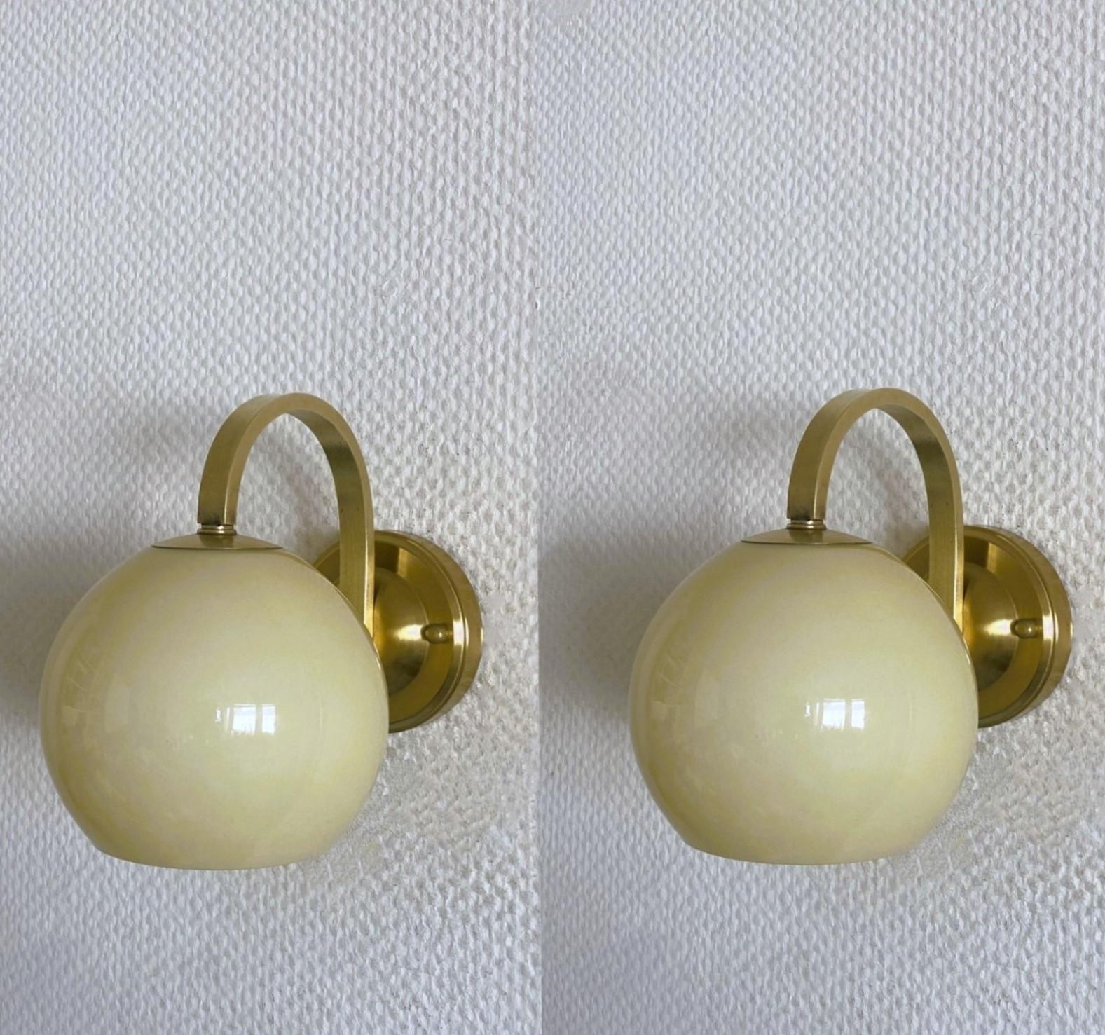 Scandinavian Modern Paavo Tynell Pair of Brass Opaline Glass Wall Lights Sconces, Finland, 1950s For Sale