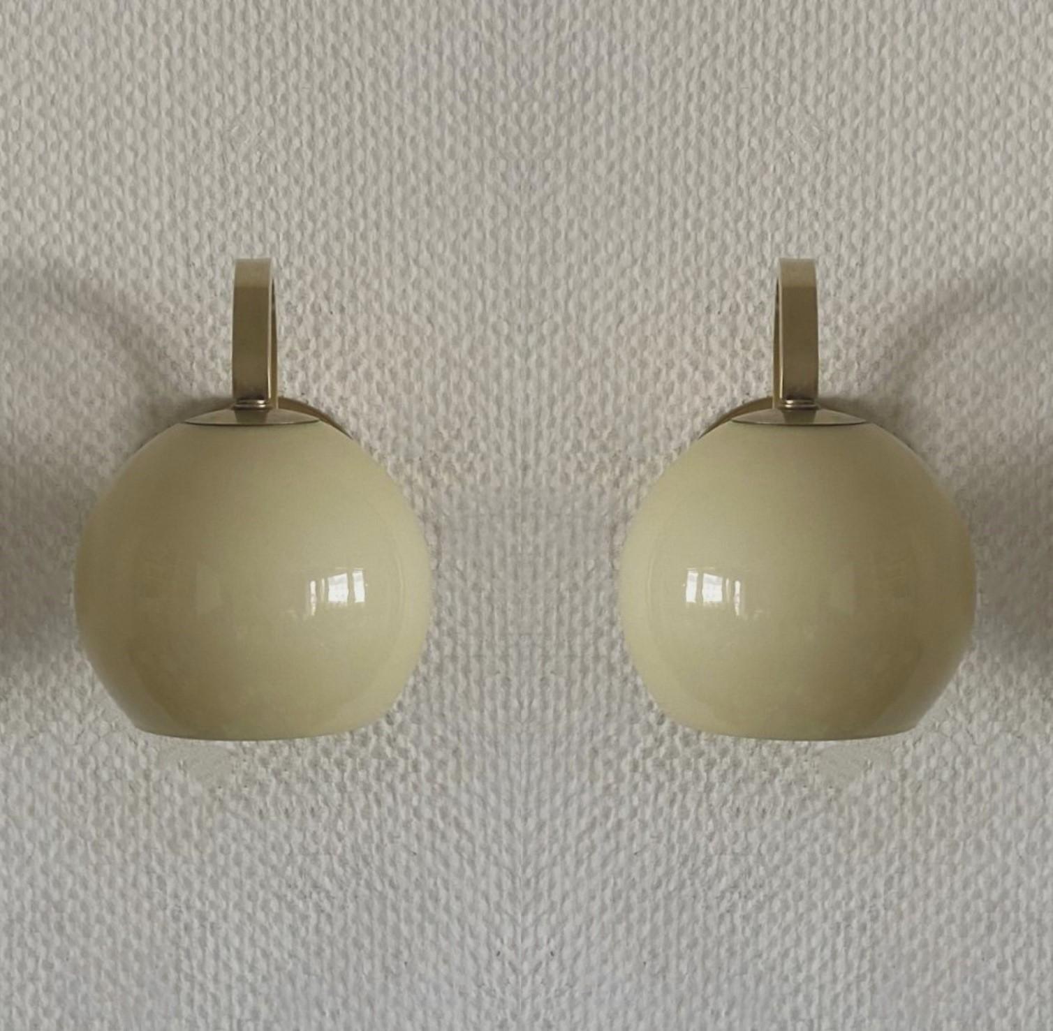 Finnish Paavo Tynell Pair of Brass Opaline Glass Wall Lights Sconces, Finland, 1950s For Sale