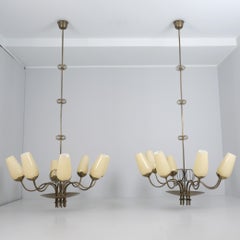 Paavo Tynell Pair Of Commissioned Chandeliers, Brass & Glass, Taito Oy 1950s