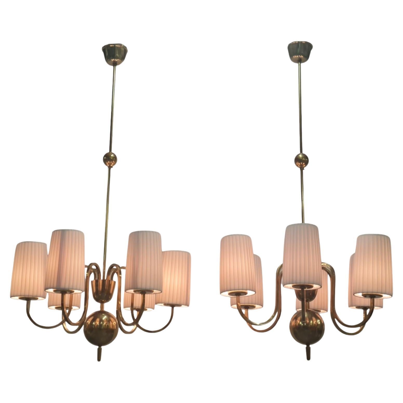 Pair of Paavo Tynell Commissioned Chandeliers in Brass & Fabric, Taito 1940s