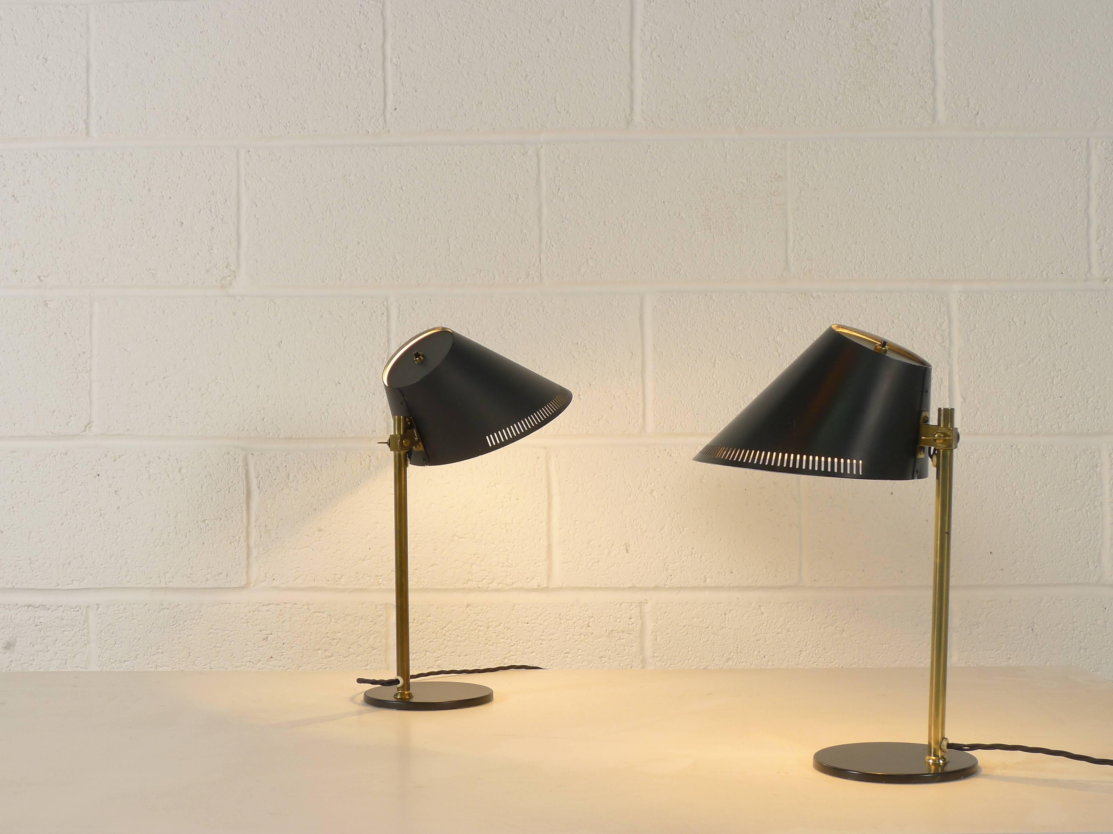 Finnish Paavo Tynell, Pair of Desk Lamps with Black Enamel Shades, Idman Production