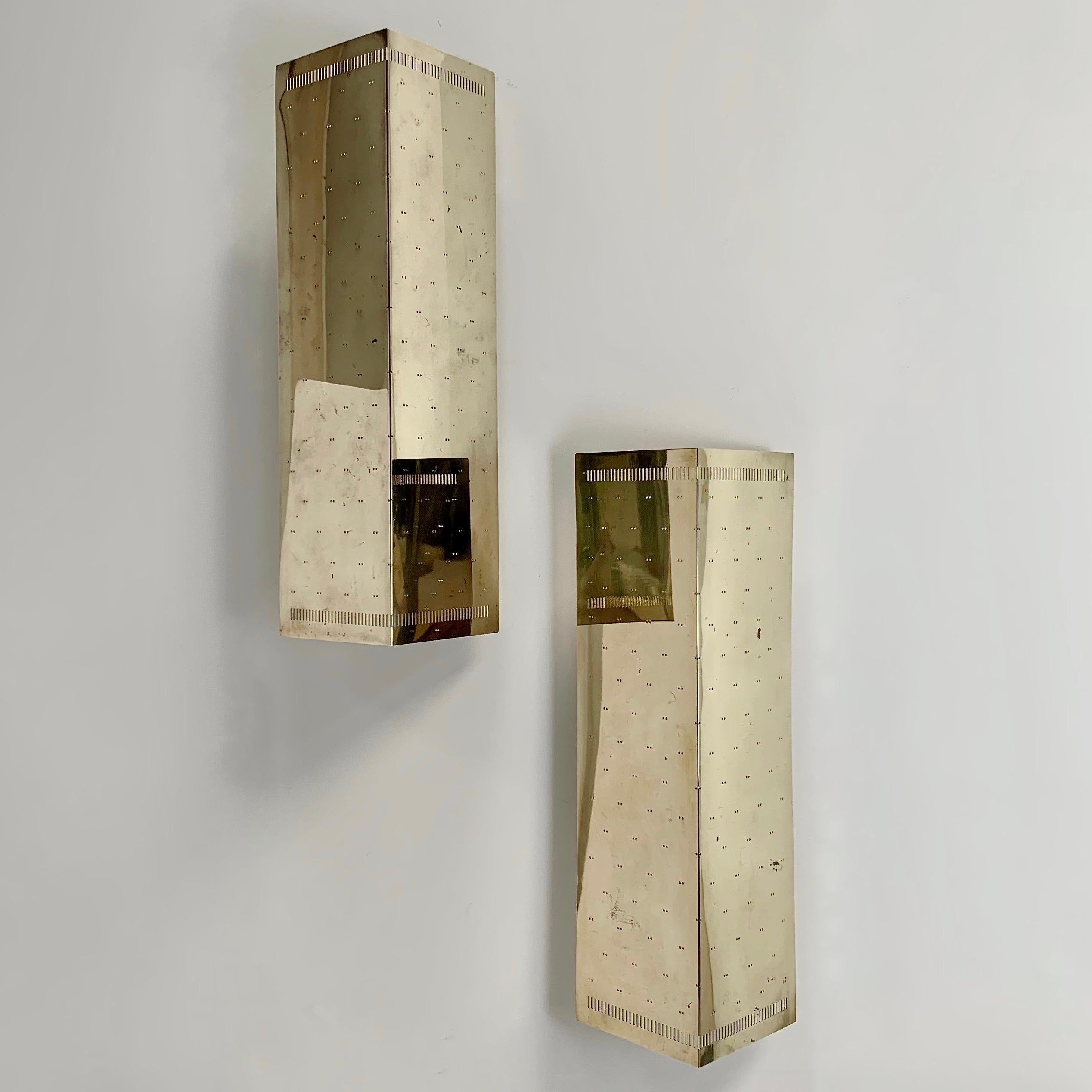 Finnish  Paavo Tynell Rare Pair Of Large Perforated Brass Sconces, circa 1960, Finland.