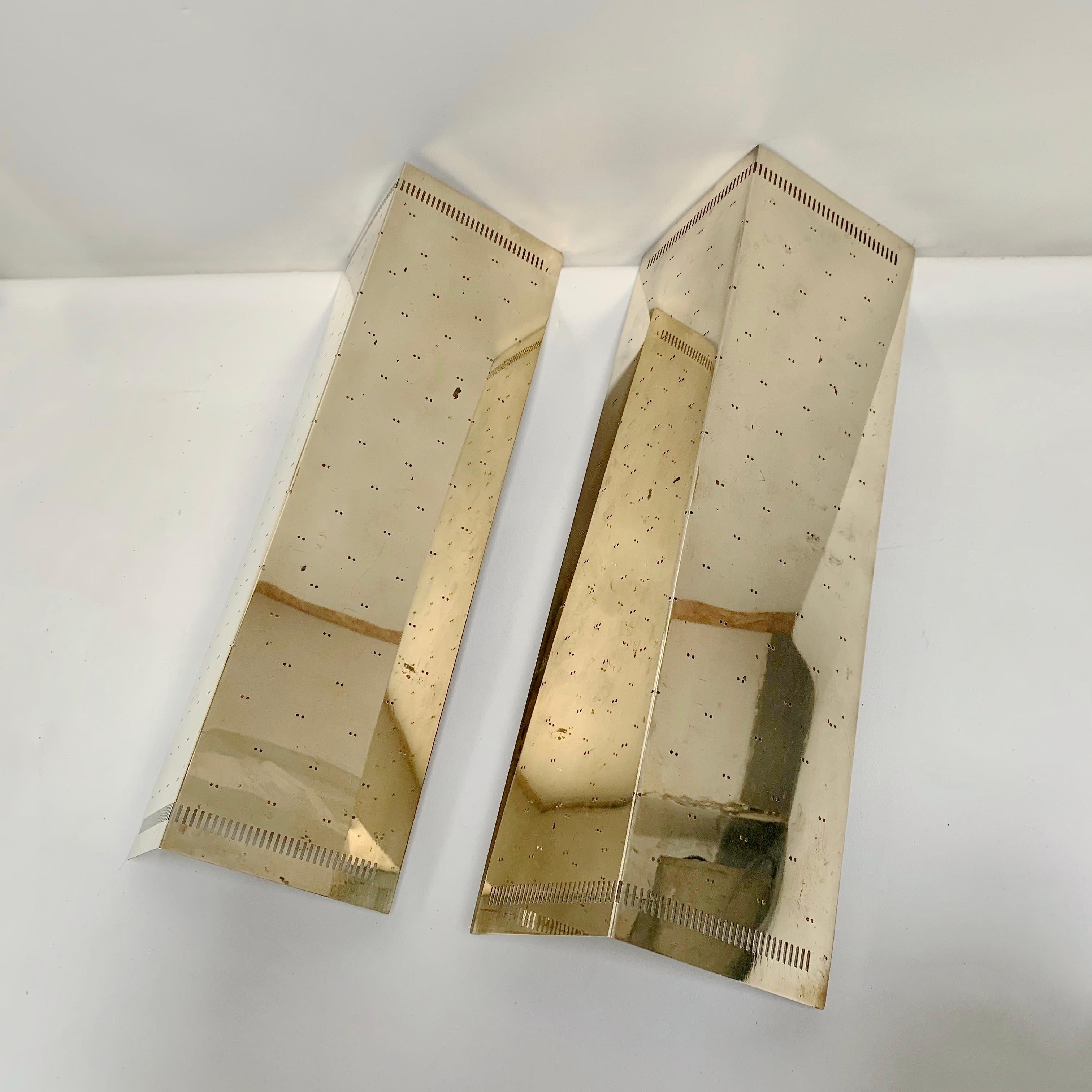  Paavo Tynell Rare Pair Of Large Perforated Brass Sconces, circa 1960, Finland. In Good Condition In Brussels, BE