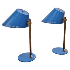 Paavo Tynell Pair of Table Lamps Model 9227 in Brass & Blue, Idman 1950s