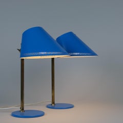 Paavo Tynell Pair of Table Lamps Model 9227 in Brass & Blue, Idman 1950s