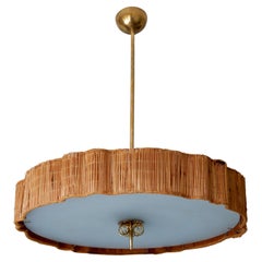 Paavo Tynell Pedant Light Straw Rattan Shade, and Brass Decoration Taito Oy 1940