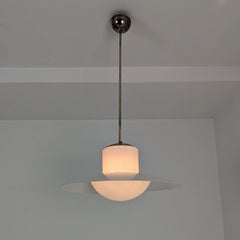 Paavo Tynell Pendant, Chromed Metal, Painted Shade, & Opaline Glass, 1950s