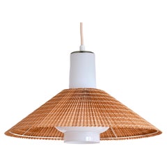 Paavo Tynell Pendant in Opal Glass and Lamellar Wood, Idman, 1950s Paavo Tynell Pendant in Opal Glass and Lamellar Wood, Idman, 1950s