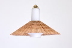 Paavo Tynell Pendant in Opal Glass, Lamellar Aspen Wood and Brass, Idman, 1950s