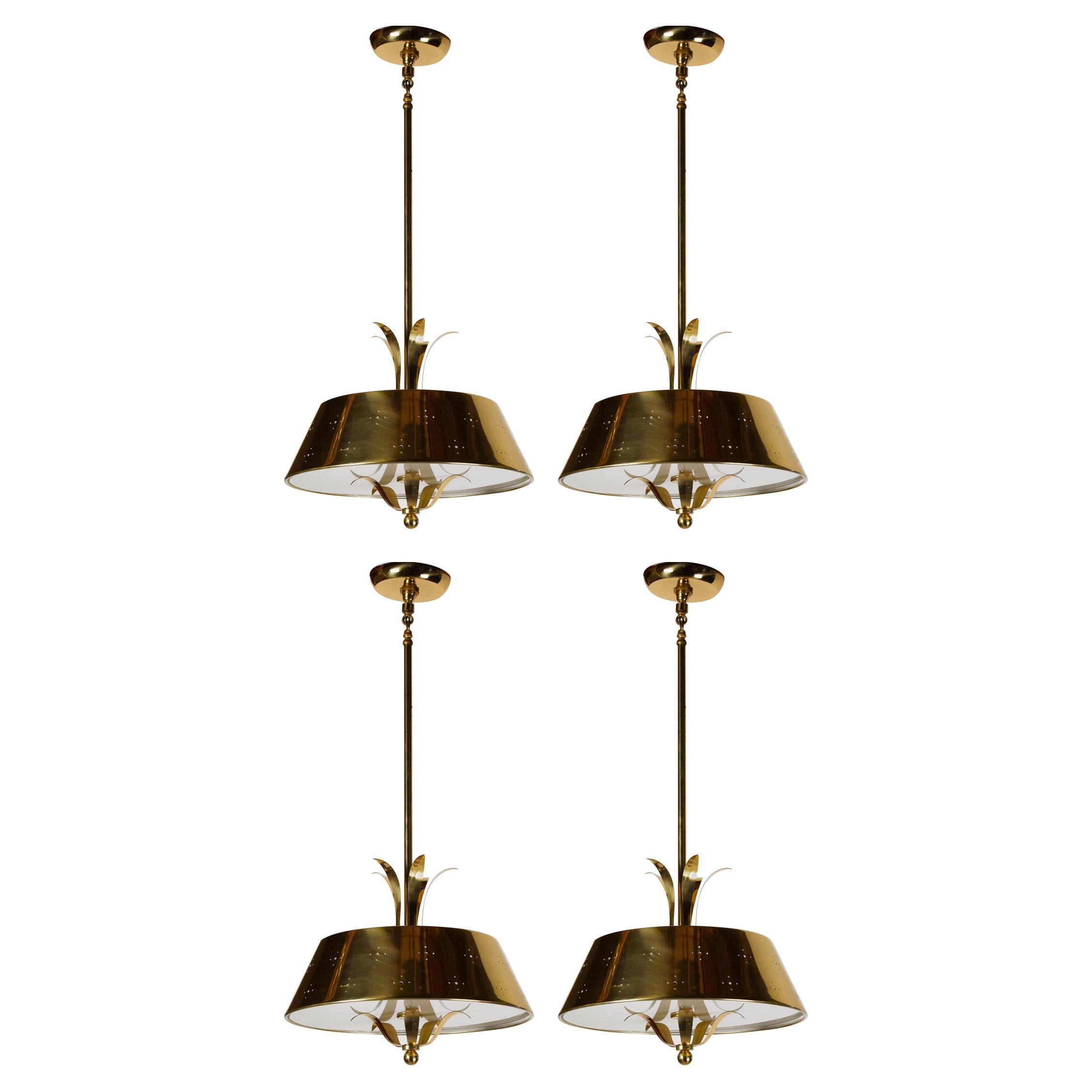 Paavo Tynell Pendant Lamps in Perforated Brass for Litecraft Mfg Corp, Set of 4