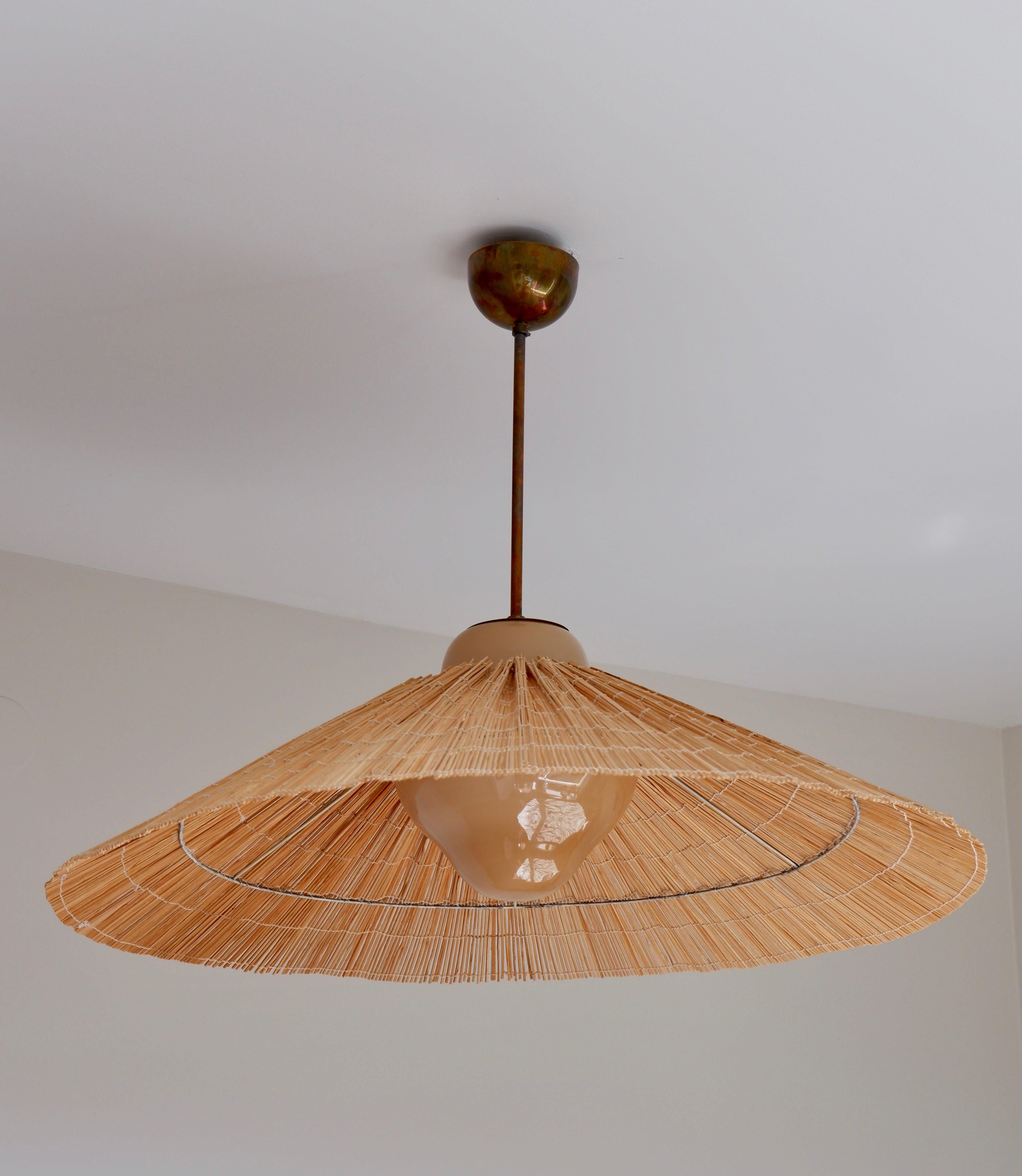 Paavo Tynell Pendant Model 1092 for Taito Opal Glass, Brass and Rattan 4