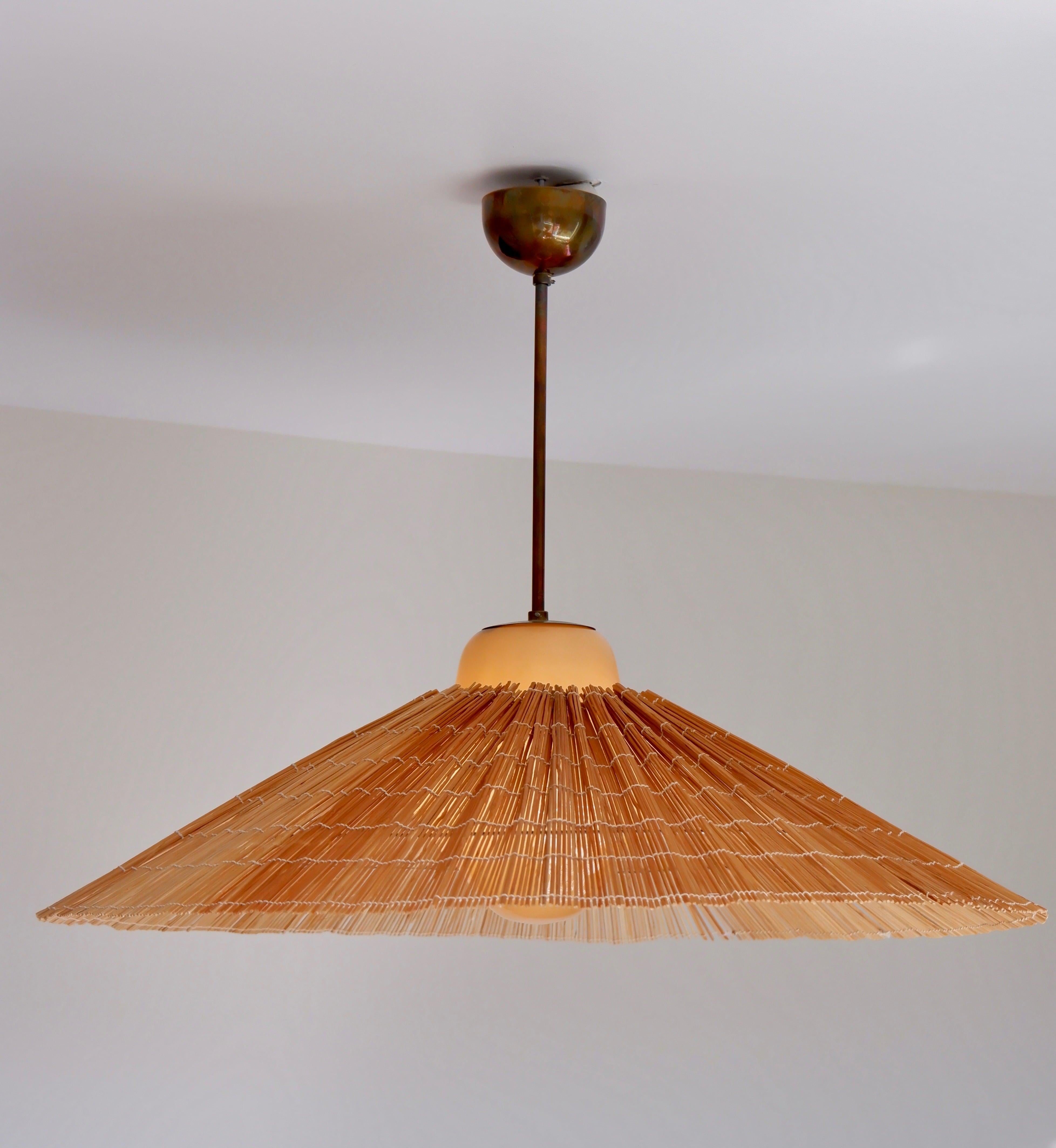 Paavo Tynell Pendant Model 1092 for Taito Opal Glass, Brass and Rattan 5