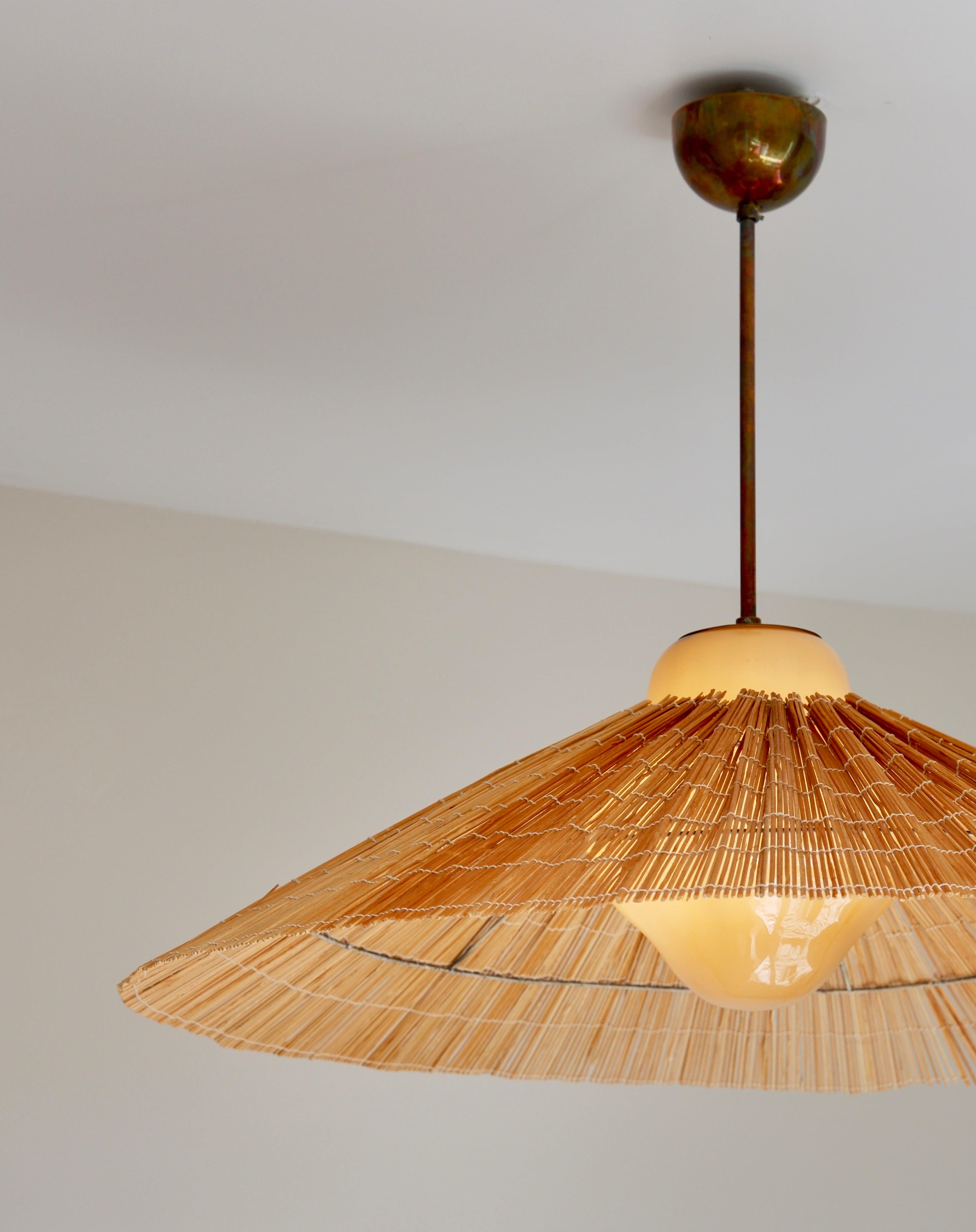 Paavo Tynell Pendant Model 1092 for Taito Opal Glass, Brass and Rattan 8