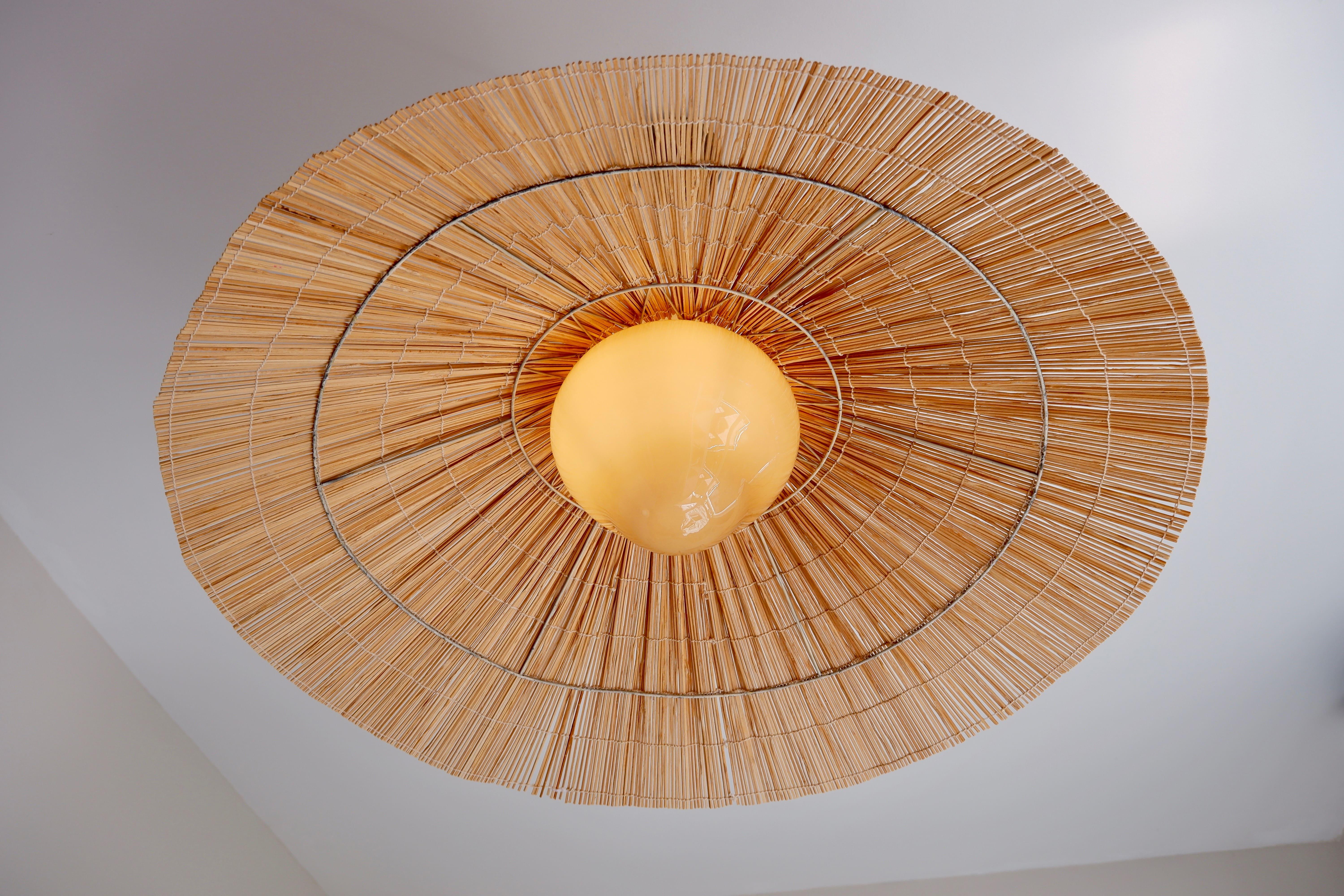 Paavo Tynell Pendant Model 1092 for Taito Opal Glass, Brass and Rattan 9