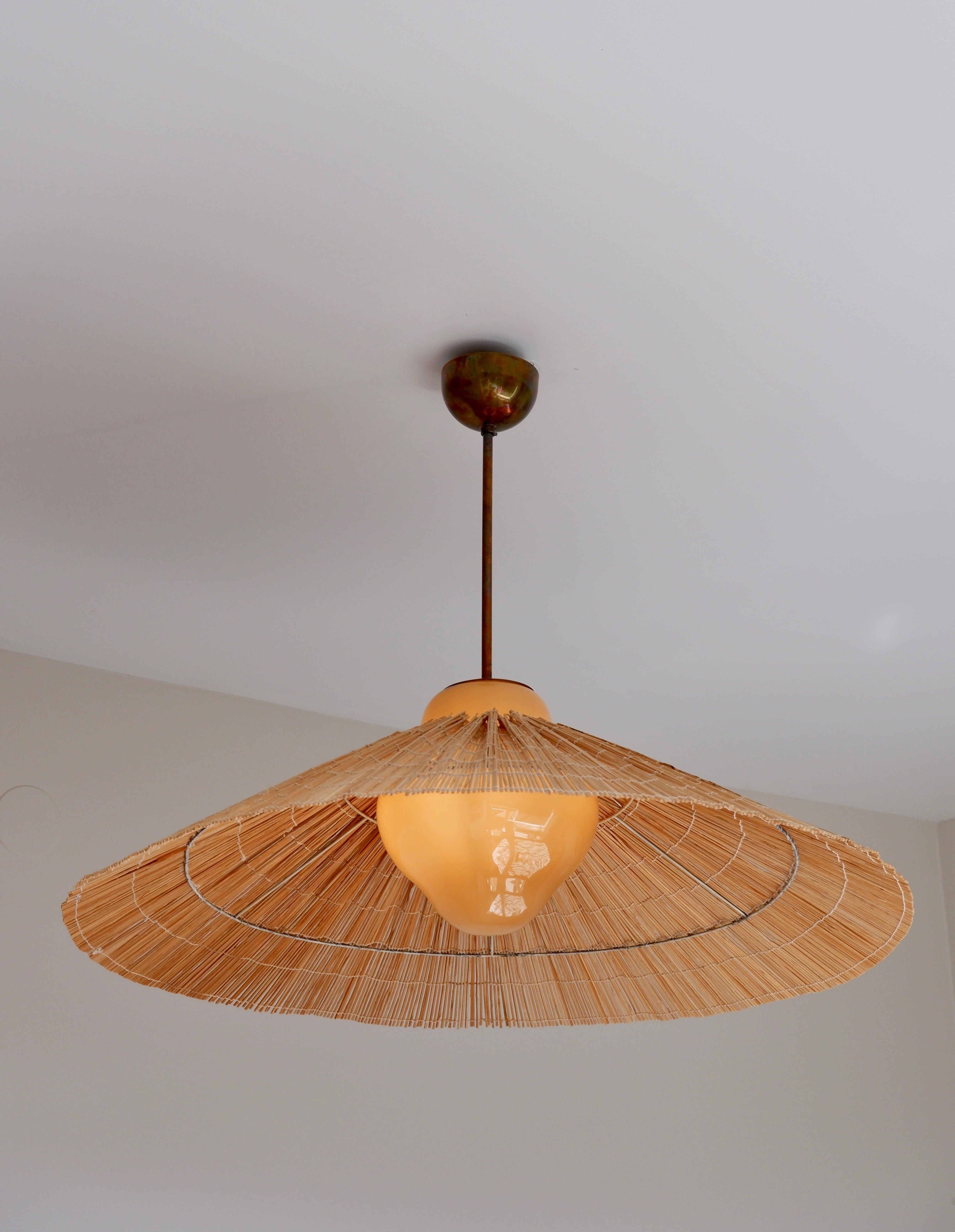 Finnish Paavo Tynell Pendant Model 1092 for Taito Opal Glass, Brass and Rattan