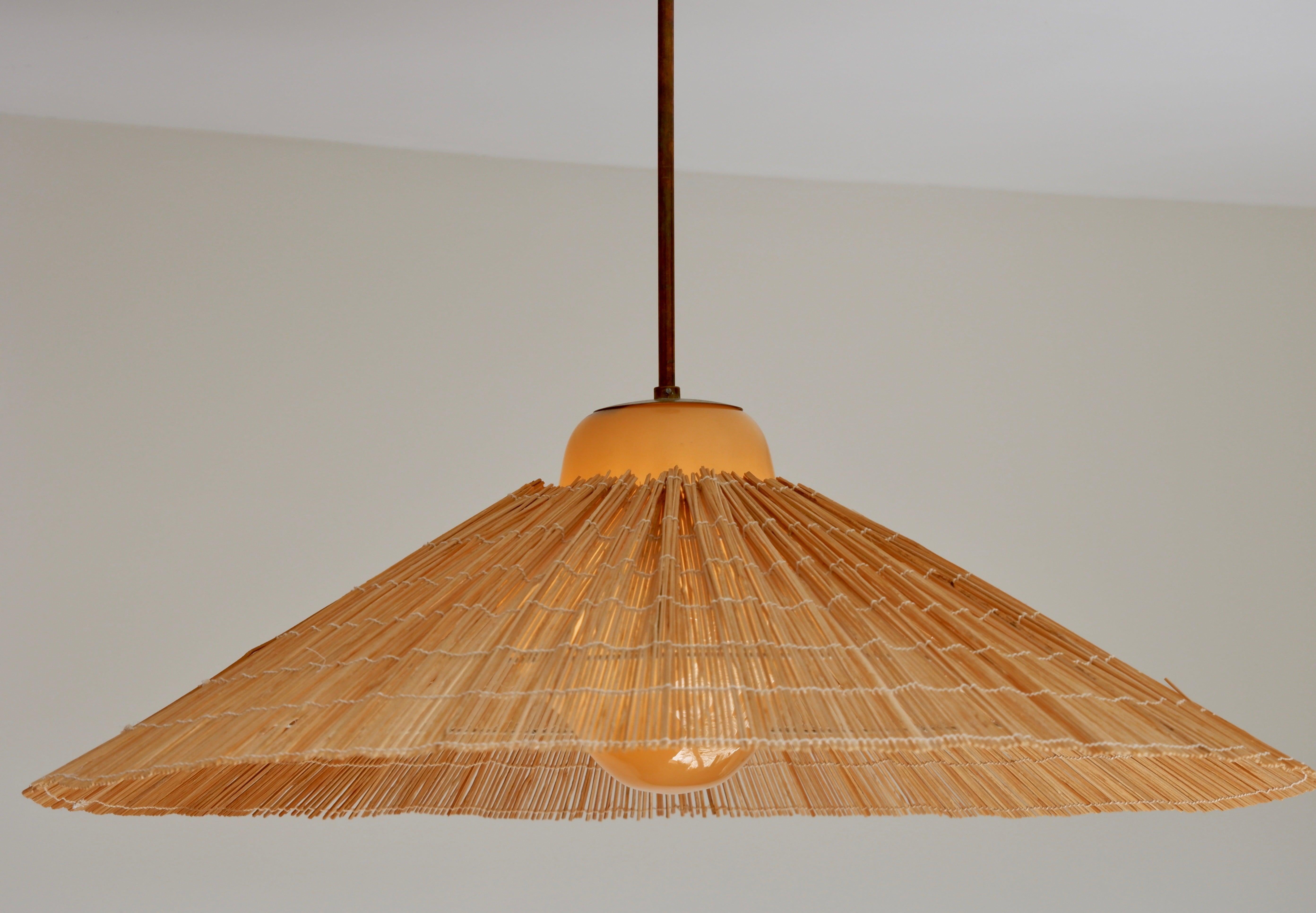 Mid-20th Century Paavo Tynell Pendant Model 1092 for Taito Opal Glass, Brass and Rattan