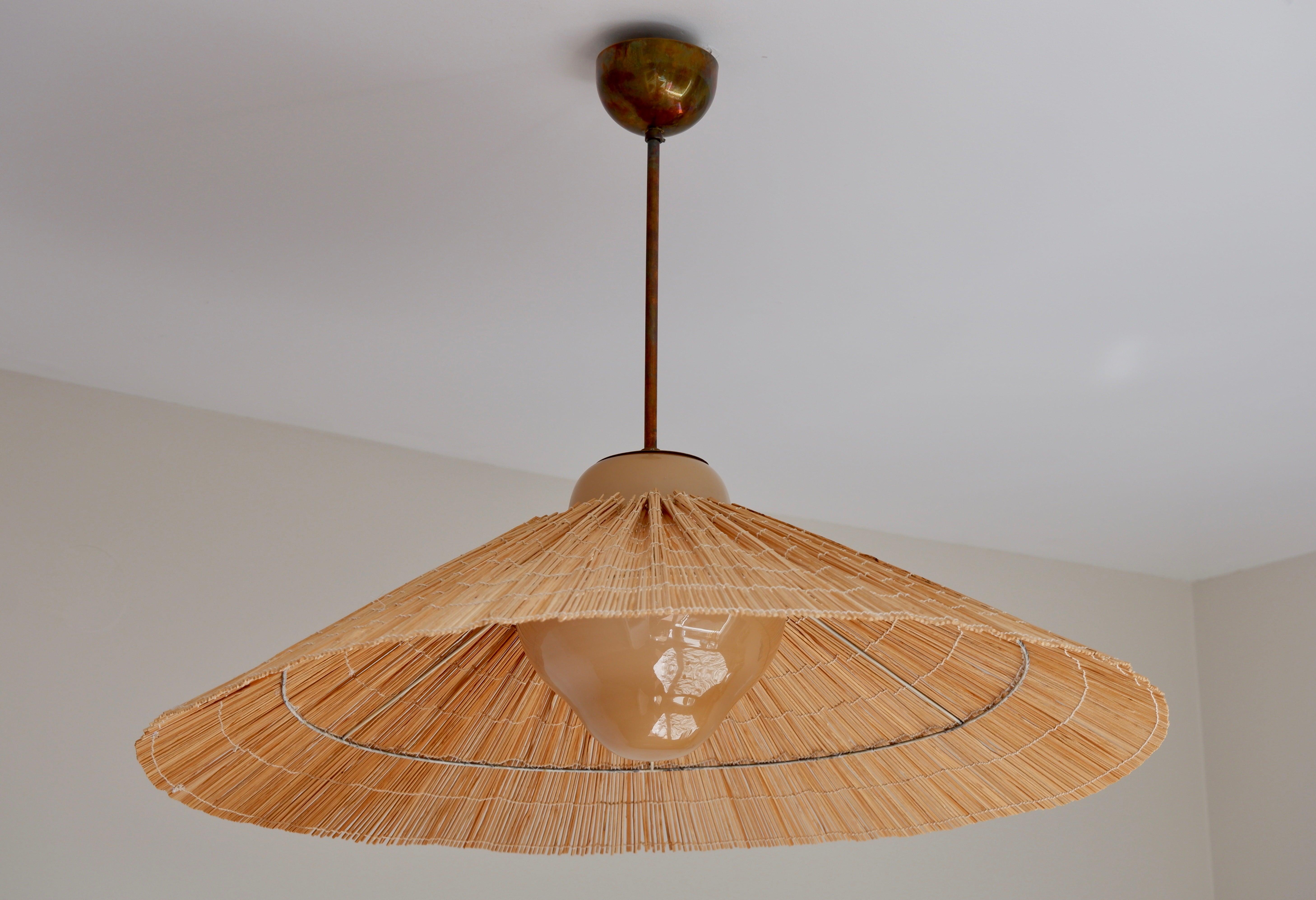 Paavo Tynell Pendant Model 1092 for Taito Opal Glass, Brass and Rattan 3