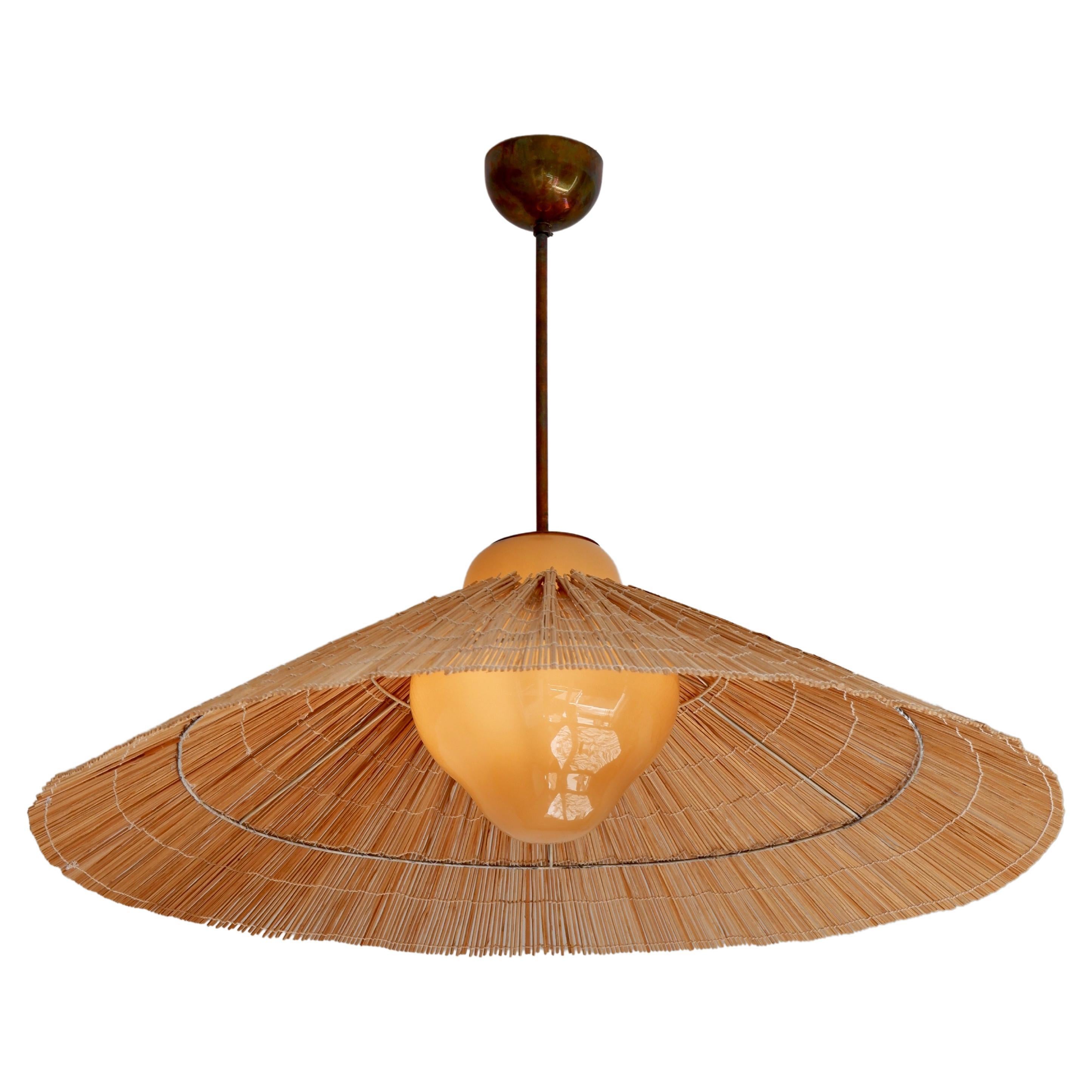 Paavo Tynell Pendant Model 1092 for Taito Opal Glass, Brass and Rattan