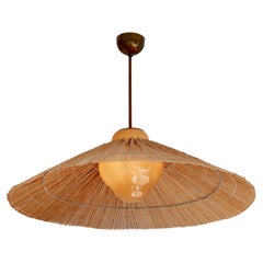 Paavo Tynell Pendant Model 1092 for Taito Opal Glass, Brass and Rattan