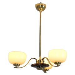 Paavo Tynell Pendant Model 1280 in Brass, Birch, & Opaline Glass, Taito 1940s