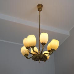 Paavo Tynell Pendant Model 1382 in Brass & Opaline Glass, Taito 1950