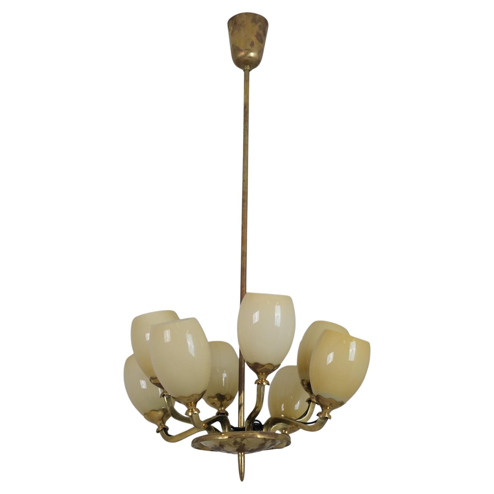 Paavo Tynell Pendant Model 1382 in Brass 
Opaline Glass, Taito 1950