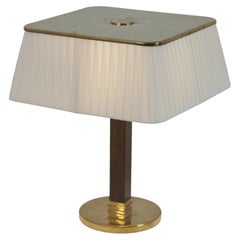 Paavo Tynell Perforated Brass, Fabric, & wooden Table Lamp 5066, Taito 1950s