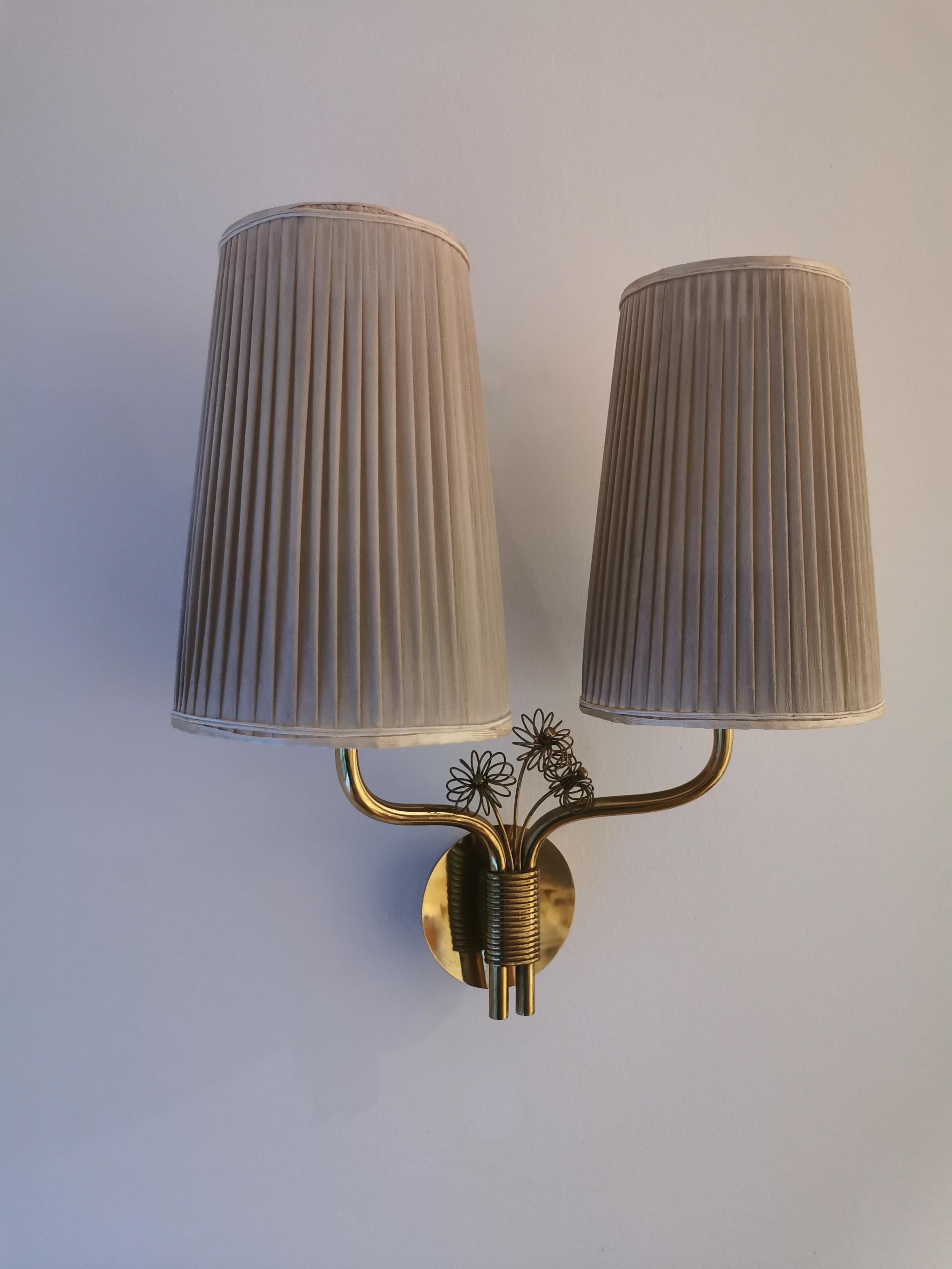 Scandinavian Modern Paavo Tynell, Rare Wall Light, Brass, Original Fabric Shades and Glass, 1950s