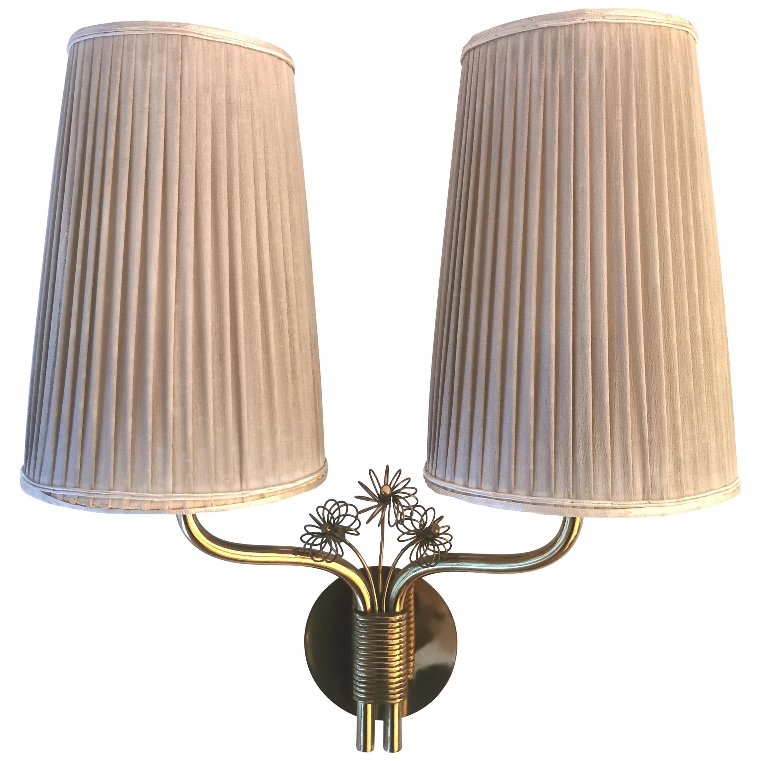 Paavo Tynell, Rare Wall Light, Brass, Original Fabric Shades and Glass, 1950s