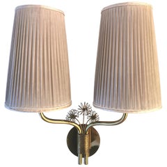 Paavo Tynell, Rare Wall Light, Brass, Original Fabric Shades and Glass, 1950s