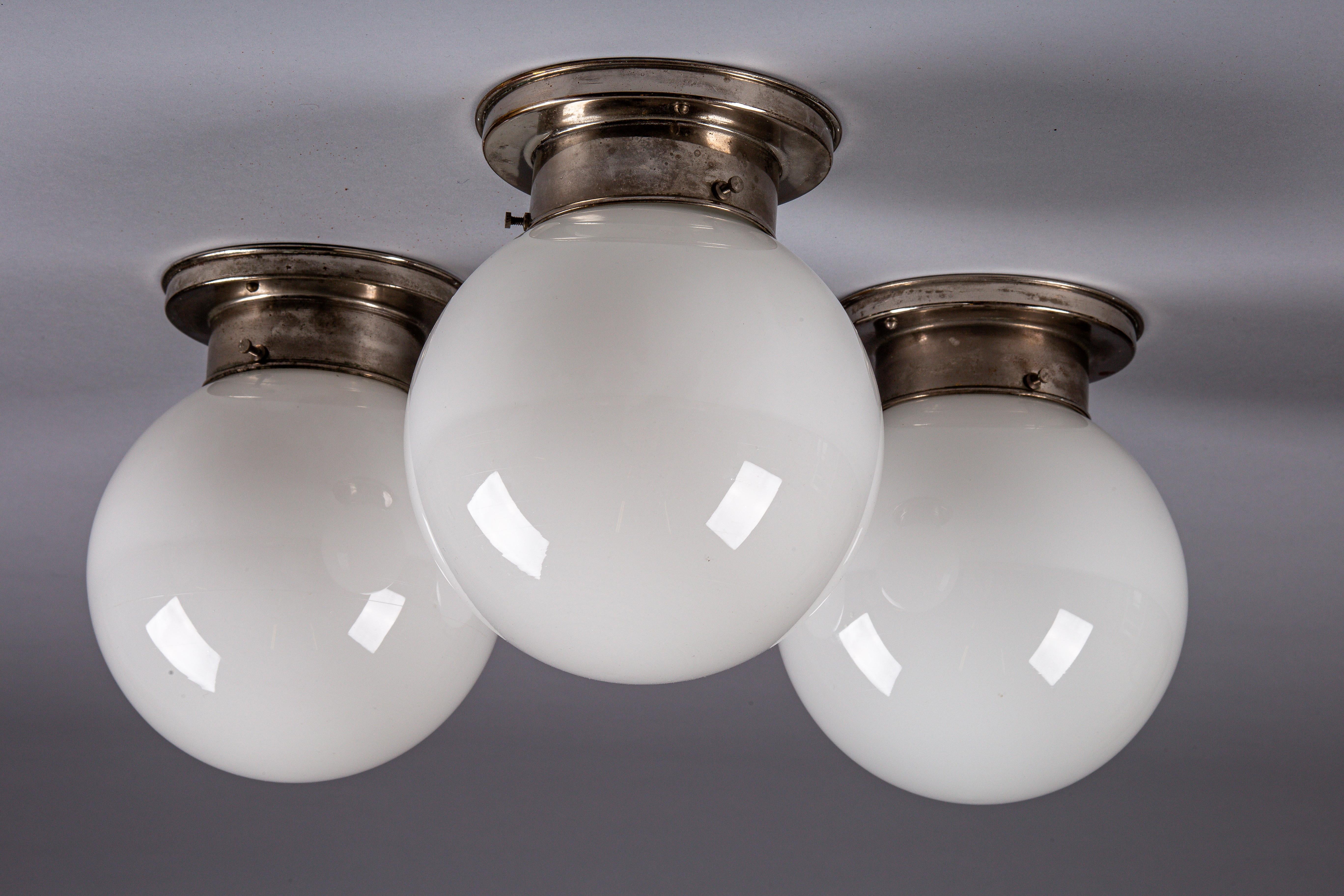 Art Deco Paavo Tynell, set of 1930's opaline glass flush mount lamps for Idman Oy