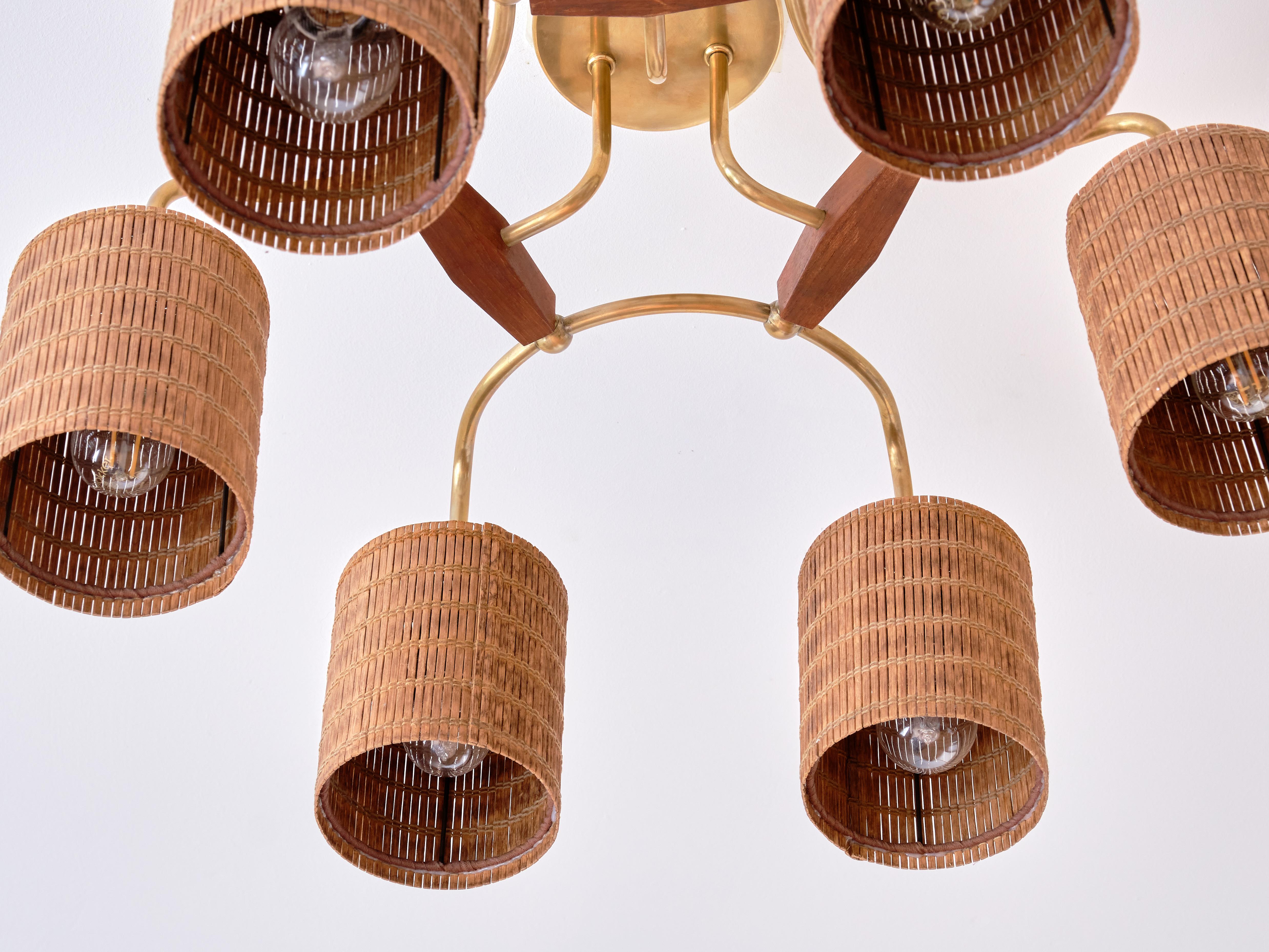 Paavo Tynell Six Arm Ceiling Lamp in Brass, Teak and Cane, Idman, Finland, 1950s 1