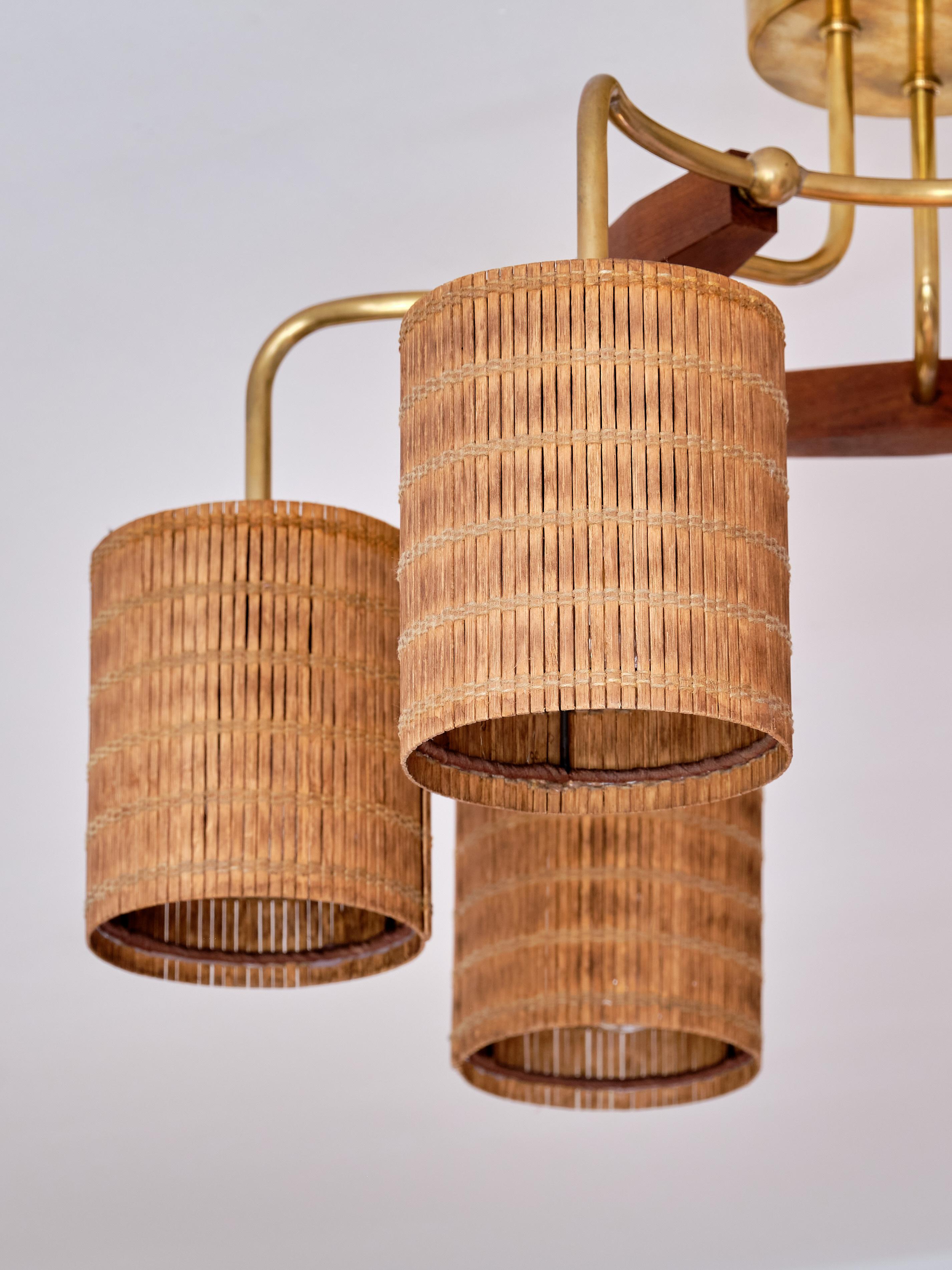 Paavo Tynell Six Arm Ceiling Lamp in Brass, Teak and Cane, Idman, Finland, 1950s 3