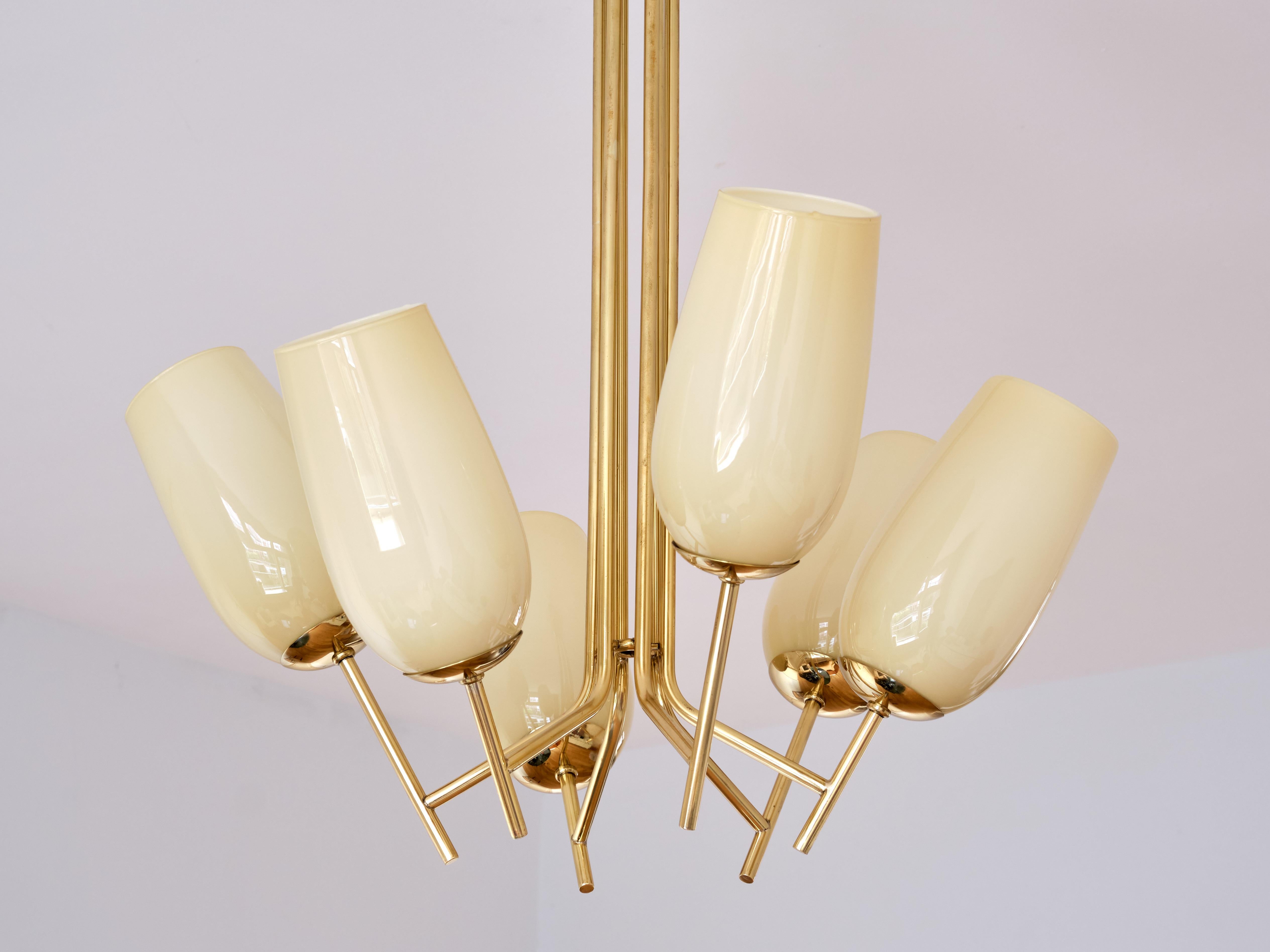 Finnish Paavo Tynell Six Arm Chandelier in Brass and Amber Glass, Taito, Finland, 1940s