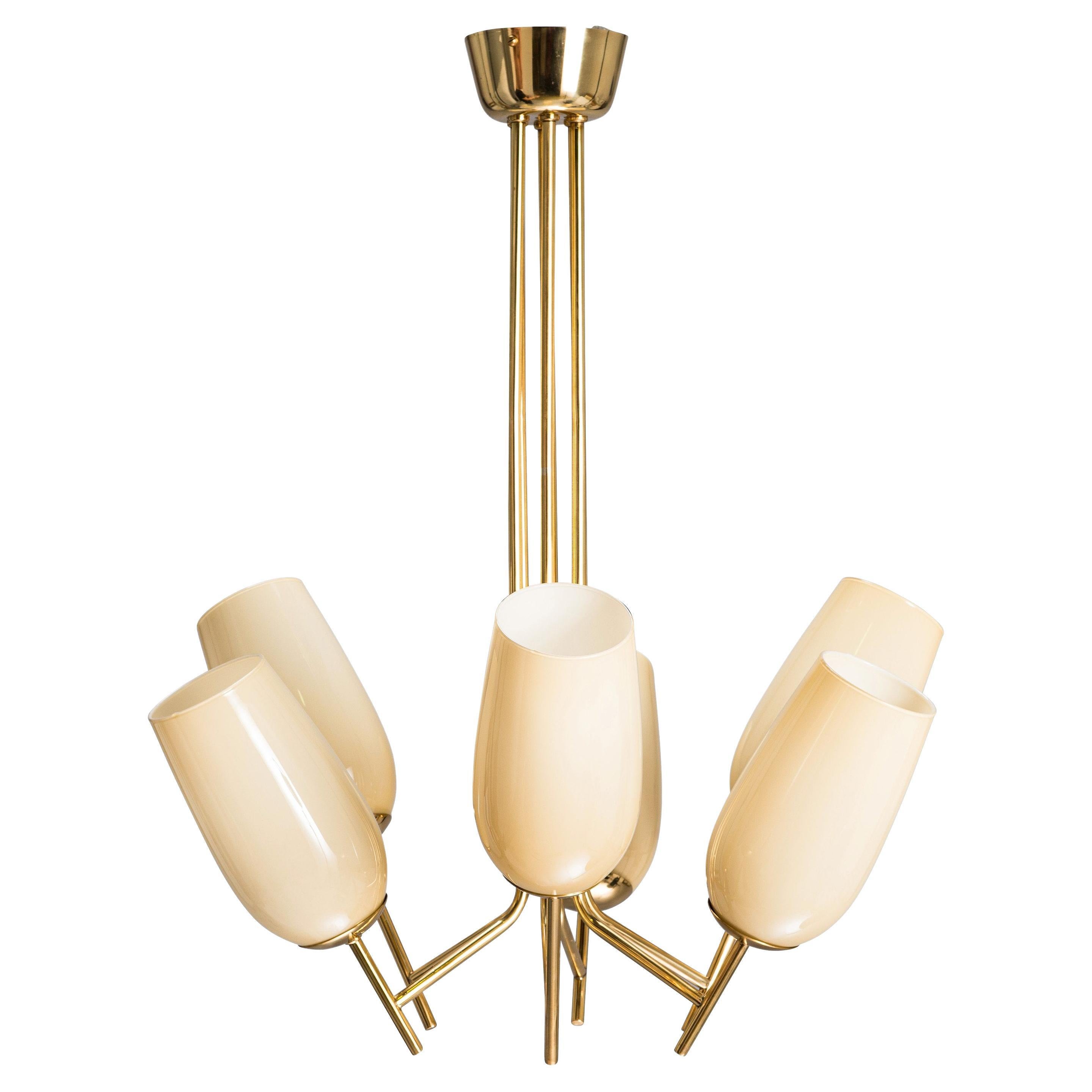 Paavo Tynell Six Arm Chandelier in Brass and Amber Glass, Taito, Finland, 1940s