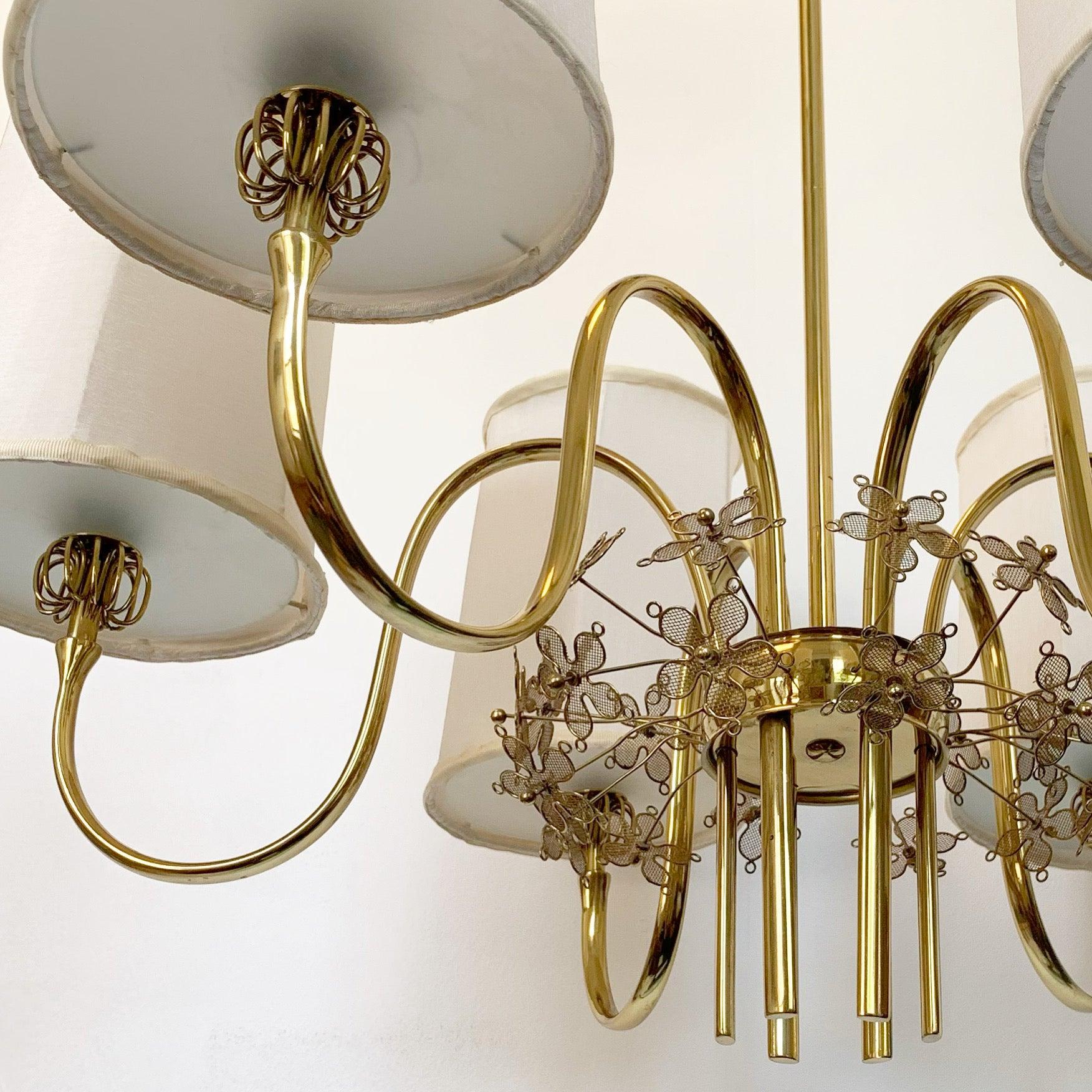Paavo Tynell 

Chandelier Model 9013

Taito Oy

Finland 

1940s

28.25”H x 27.5”W

Brass, Frosted Glass, Silk

Originally purchased for a Pittsburgh area home designed by Architect Herbert Seigel. Expertly restored by Francis Nowalk.