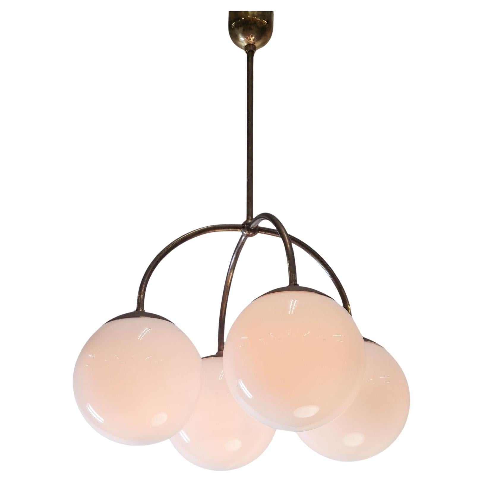 Paavo Tynell Snowberry Pendant Model 1314, Brass & Opaline Glass, Taito 1930s